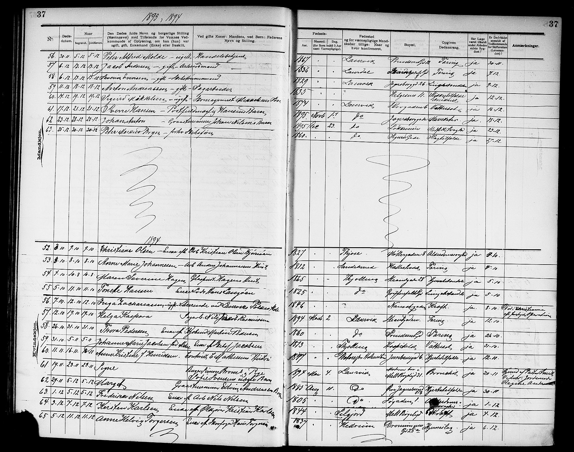 Larvik kirkebøker, AV/SAKO-A-352/G/Ga/L0007: Parish register (copy) no. I 7, 1888-1918, p. 37