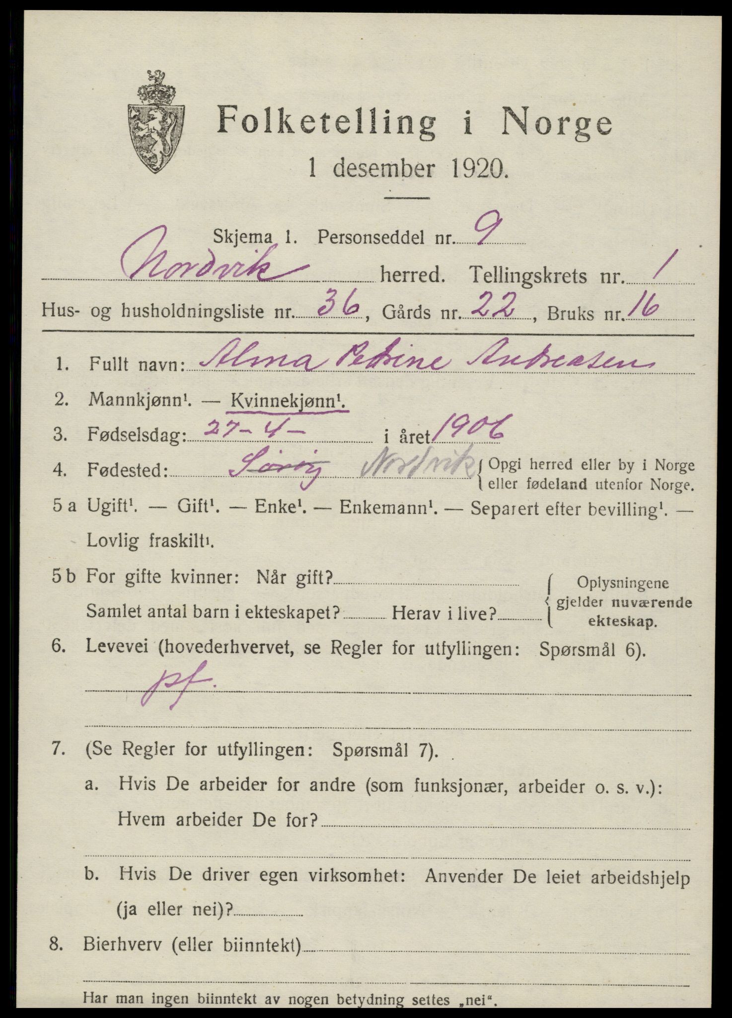 SAT, 1920 census for Nordvik, 1920, p. 1036