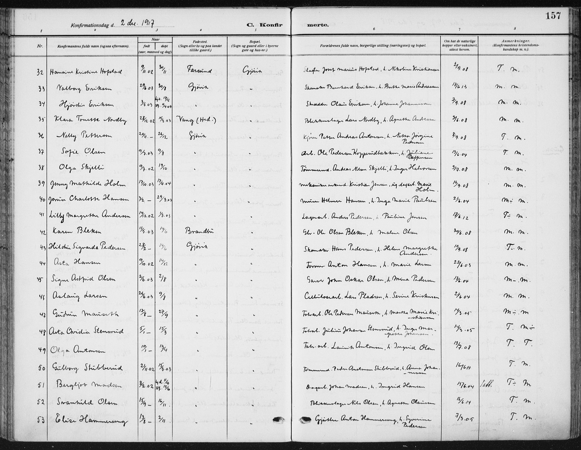 Vardal prestekontor, SAH/PREST-100/H/Ha/Haa/L0014: Parish register (official) no. 14, 1912-1922, p. 157