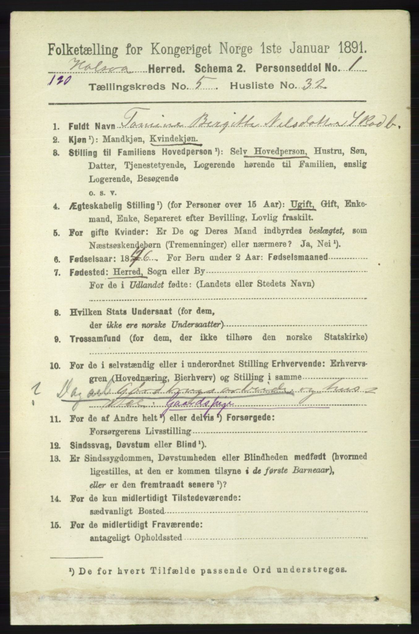 RA, 1891 census for 1019 Halse og Harkmark, 1891, p. 2180