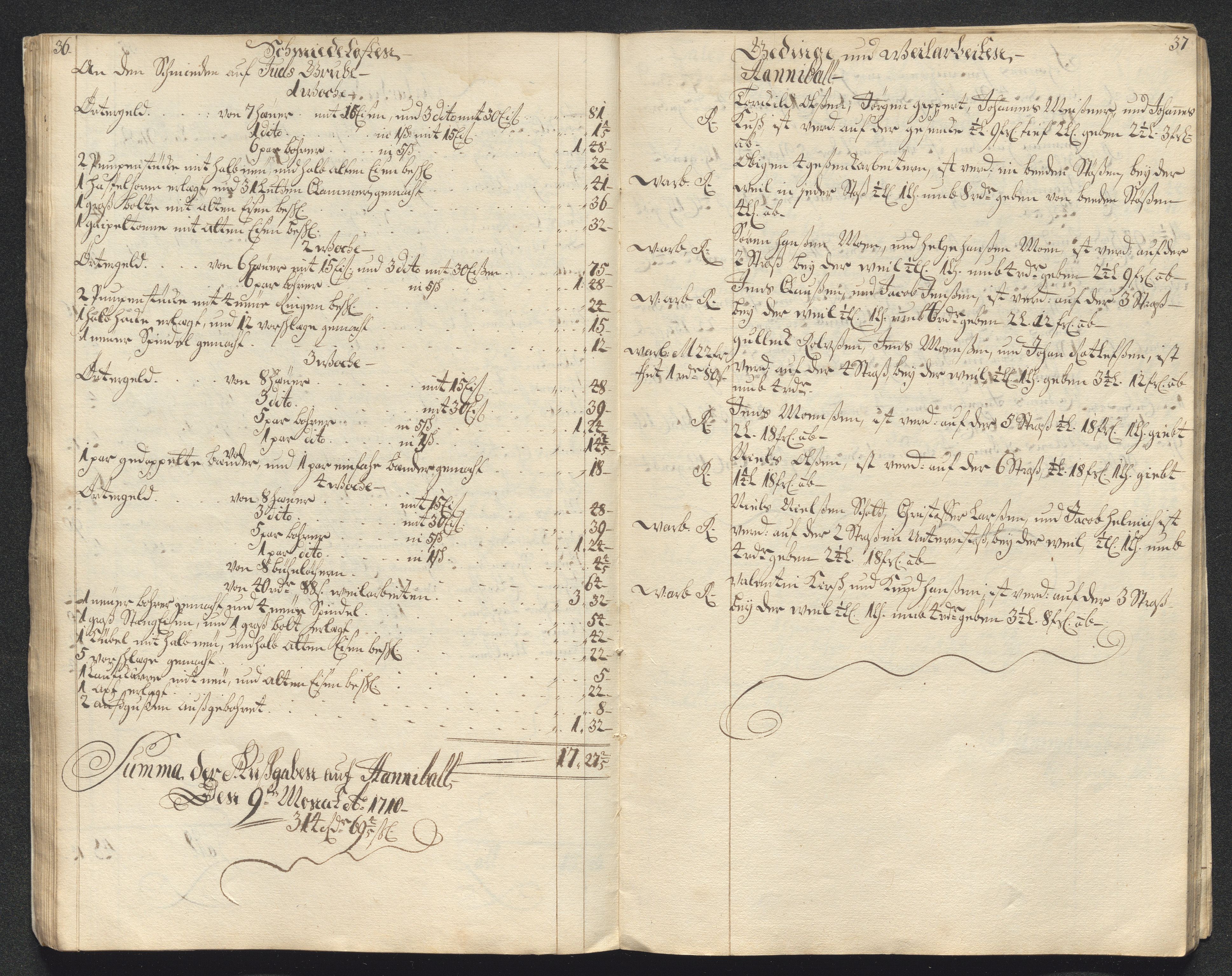 Kongsberg Sølvverk 1623-1816, AV/SAKO-EA-3135/001/D/Dc/Dcd/L0099: Utgiftsregnskap for gruver m.m., 1710, p. 396