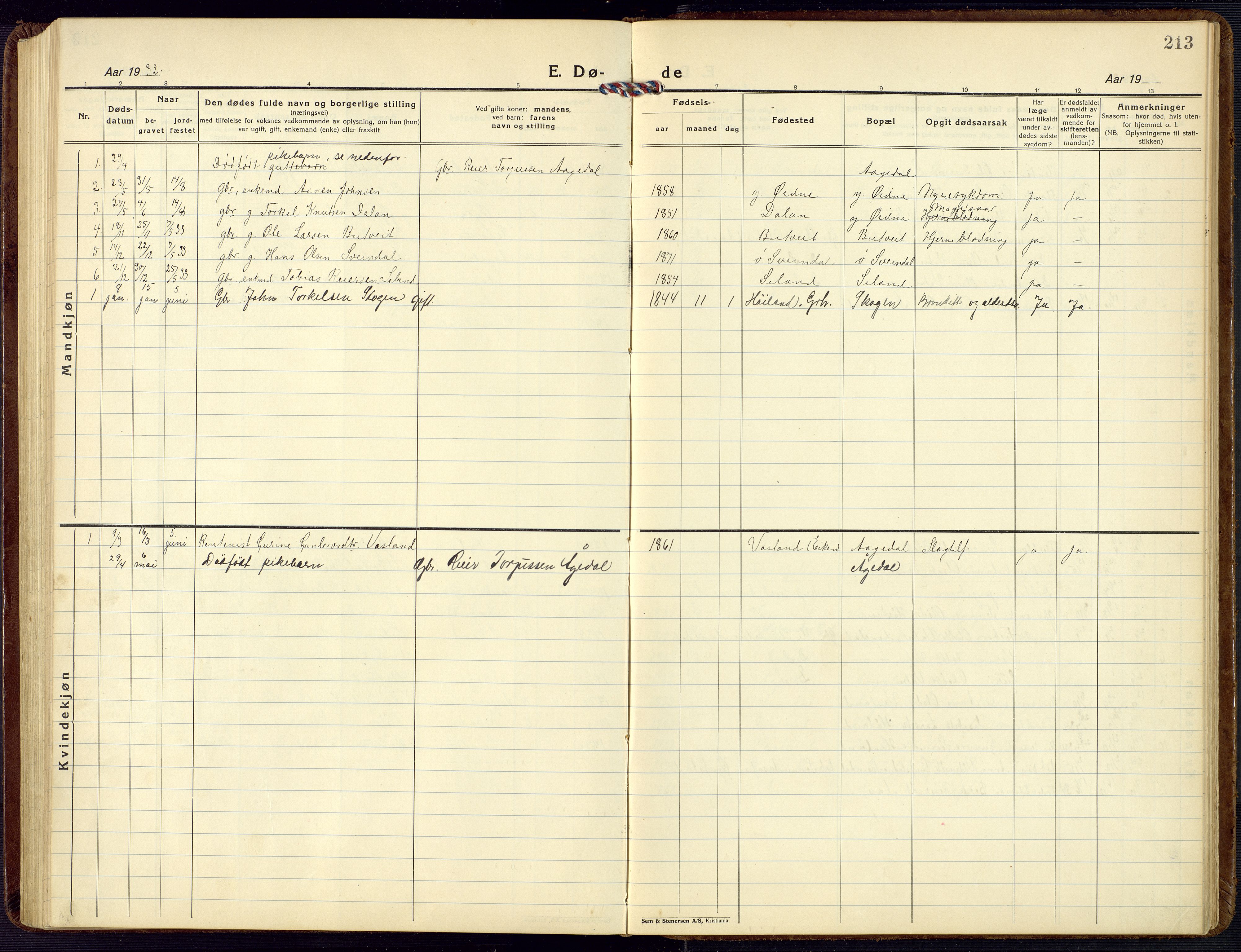 Bjelland sokneprestkontor, SAK/1111-0005/F/Fb/Fbc/L0004: Parish register (copy) no. B 4, 1921-1978, p. 213