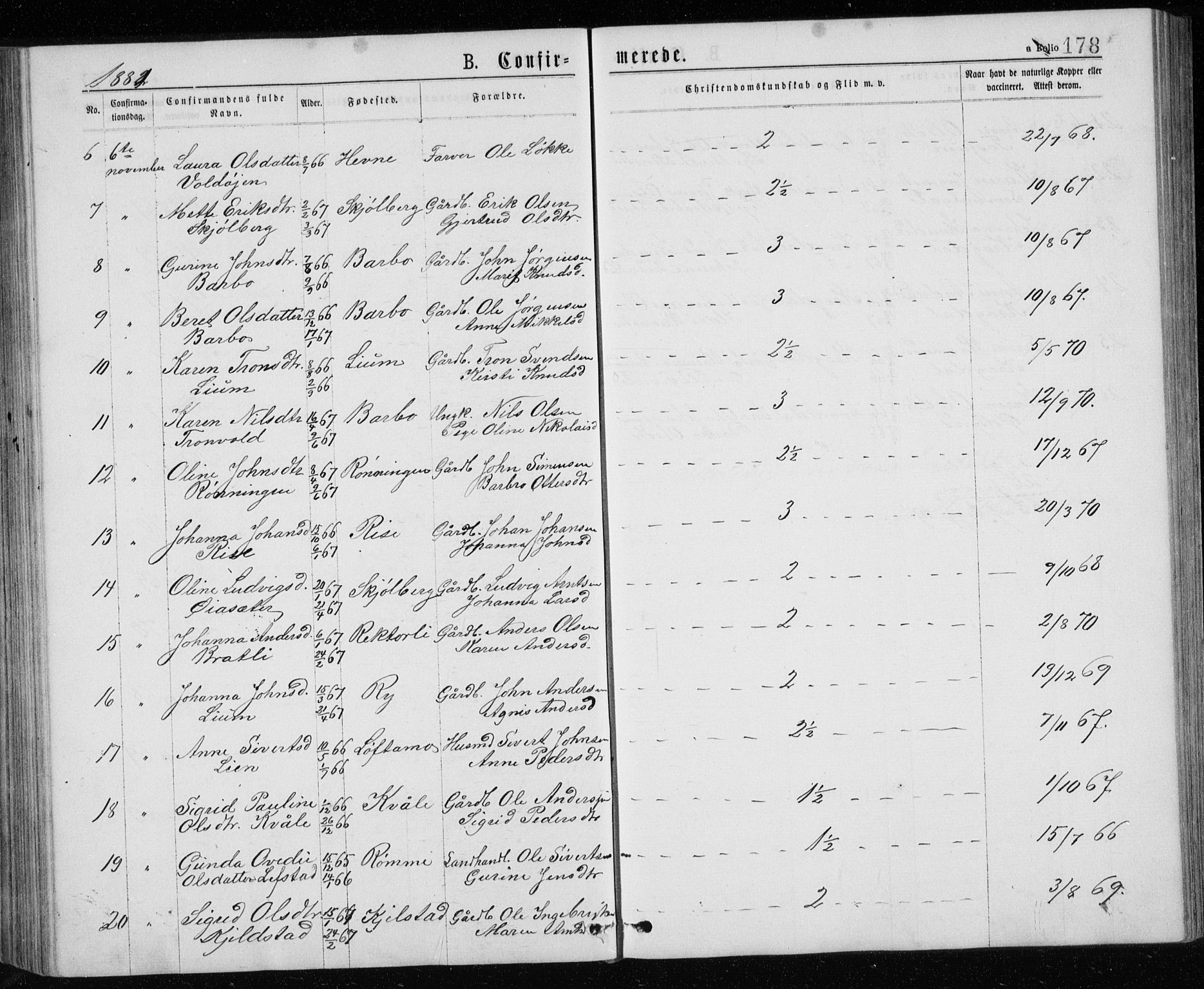 Ministerialprotokoller, klokkerbøker og fødselsregistre - Sør-Trøndelag, AV/SAT-A-1456/671/L0843: Parish register (copy) no. 671C02, 1873-1892, p. 178