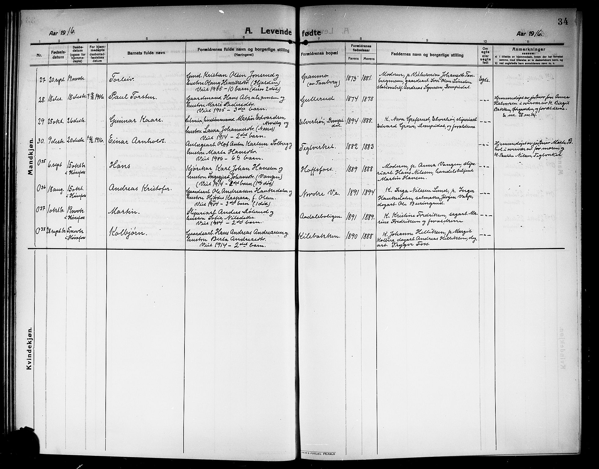 Norderhov kirkebøker, AV/SAKO-A-237/G/Ga/L0009: Parish register (copy) no. I 9, 1913-1920, p. 34