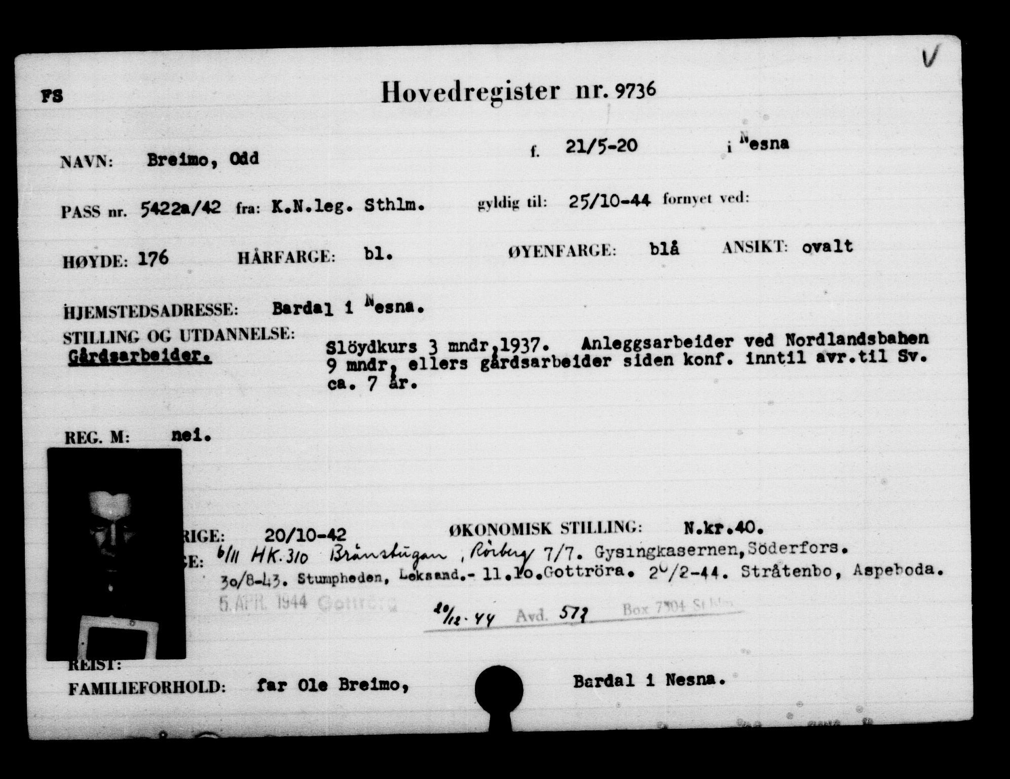 Utenriksstasjonene, Legasjonen i Stockholm, Flyktningkontoret, AV/RA-S-6753/V/Va/L0006: Kjesäterkartoteket, flyktninger med registreringsnr. 9400-12711, 1940-1945, p. 377