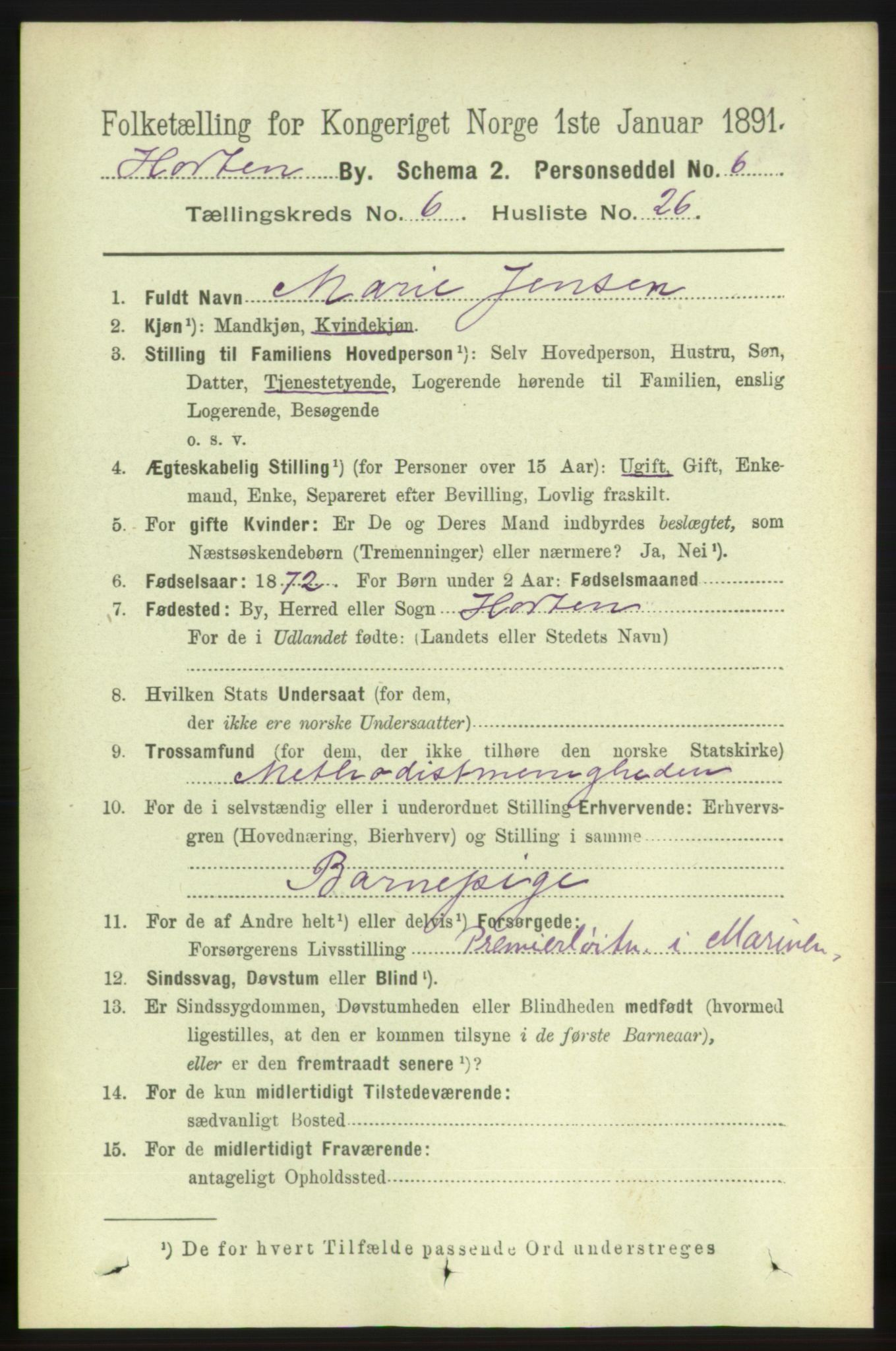 RA, 1891 census for 0703 Horten, 1891, p. 4002