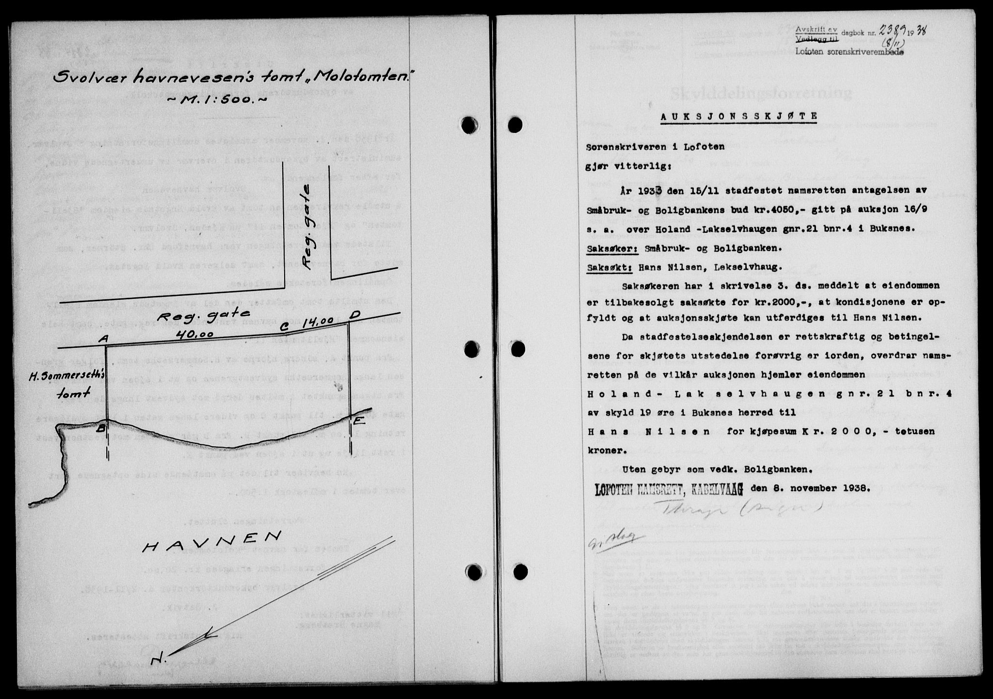 Lofoten sorenskriveri, SAT/A-0017/1/2/2C/L0004a: Mortgage book no. 4a, 1938-1938, Diary no: : 2389/1938