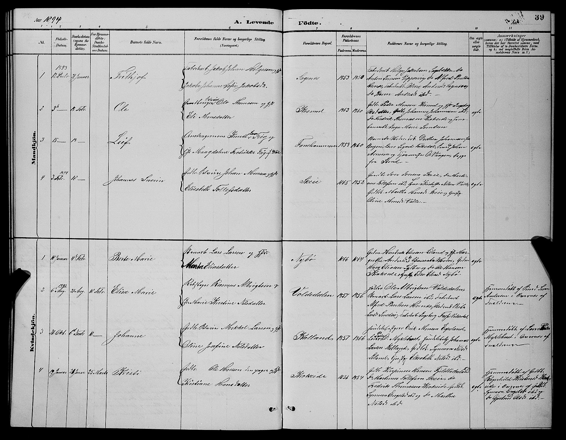 Fana Sokneprestembete, AV/SAB-A-75101/H/Hab/Haba/L0002: Parish register (copy) no. A 2, 1889-1895, p. 39