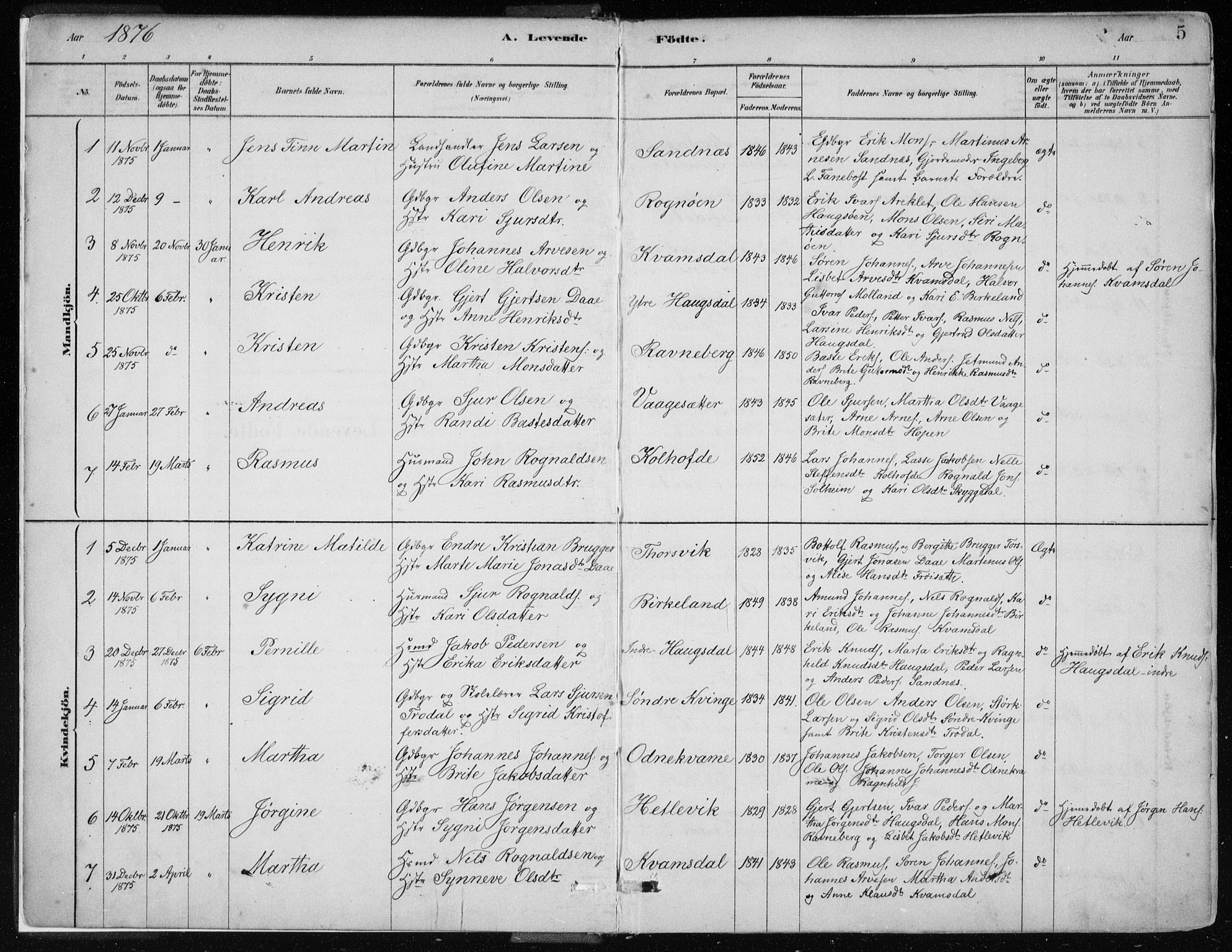 Masfjorden Sokneprestembete, SAB/A-77001: Parish register (official) no. B  1, 1876-1899, p. 5