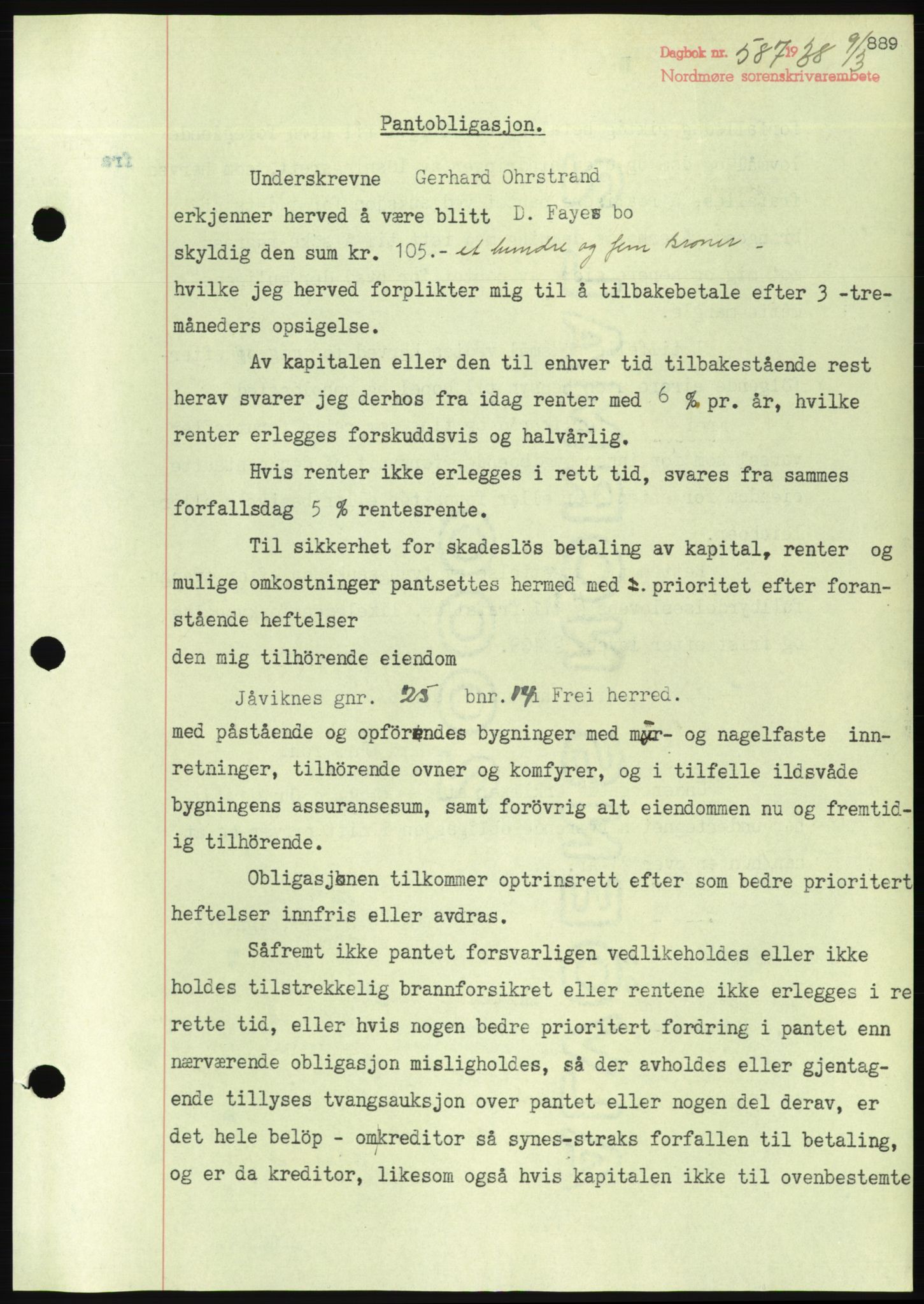 Nordmøre sorenskriveri, AV/SAT-A-4132/1/2/2Ca/L0092: Mortgage book no. B82, 1937-1938, Diary no: : 587/1938