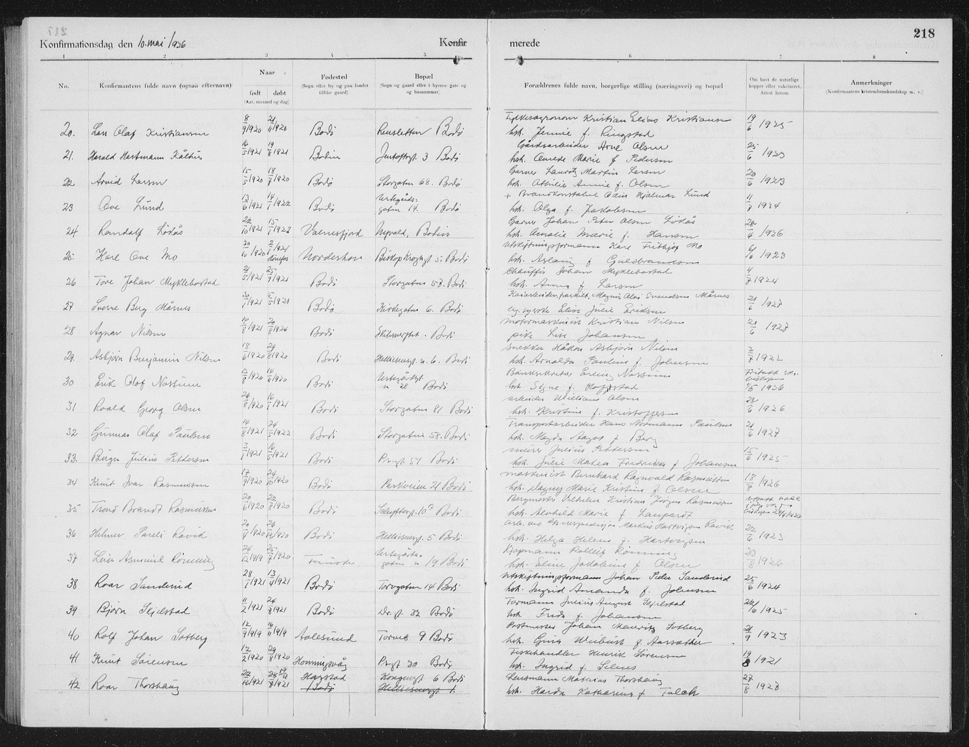 Ministerialprotokoller, klokkerbøker og fødselsregistre - Nordland, AV/SAT-A-1459/801/L0037: Parish register (copy) no. 801C12, 1921-1937, p. 218