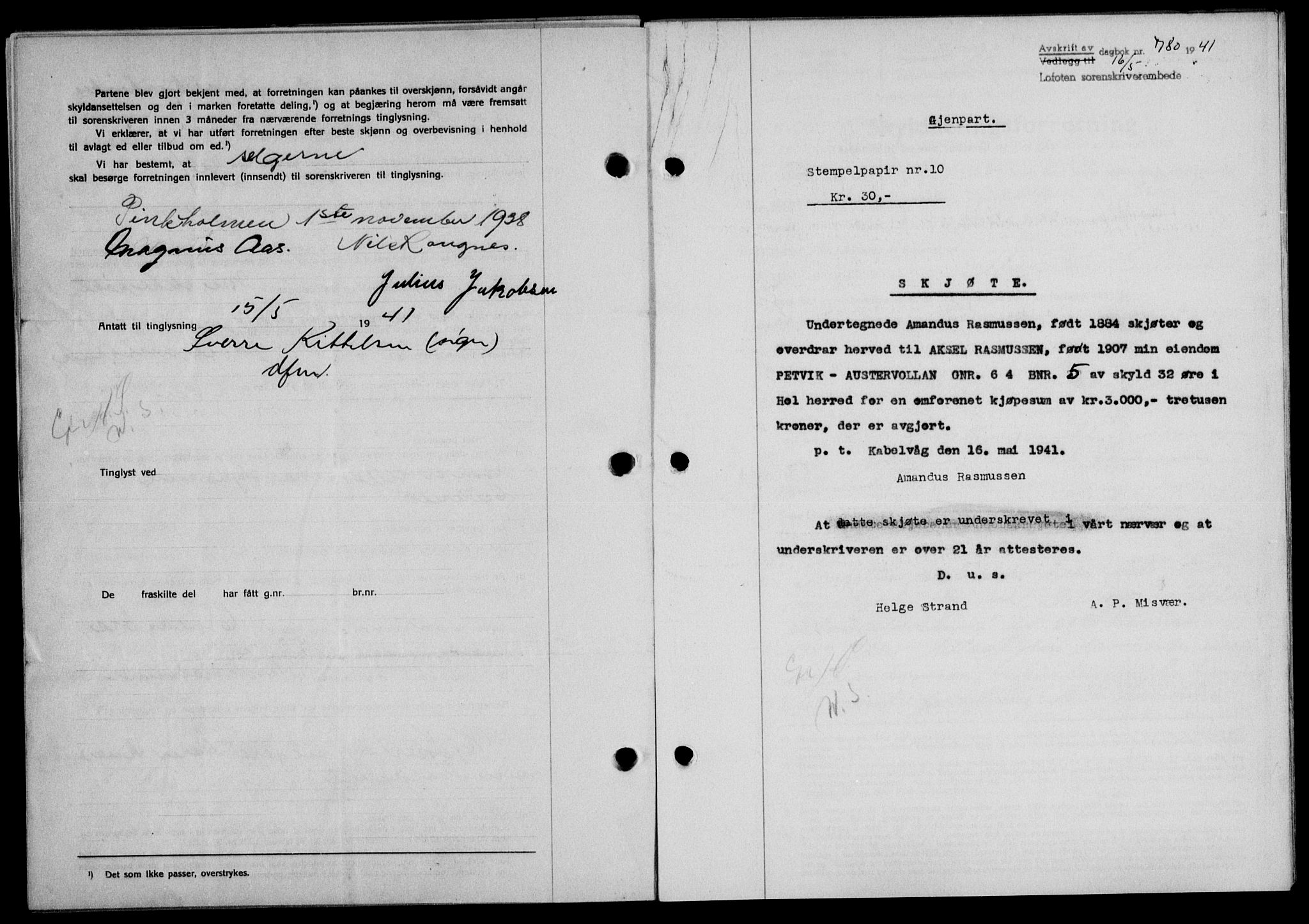 Lofoten sorenskriveri, SAT/A-0017/1/2/2C/L0008a: Mortgage book no. 8a, 1940-1941, Diary no: : 780/1941