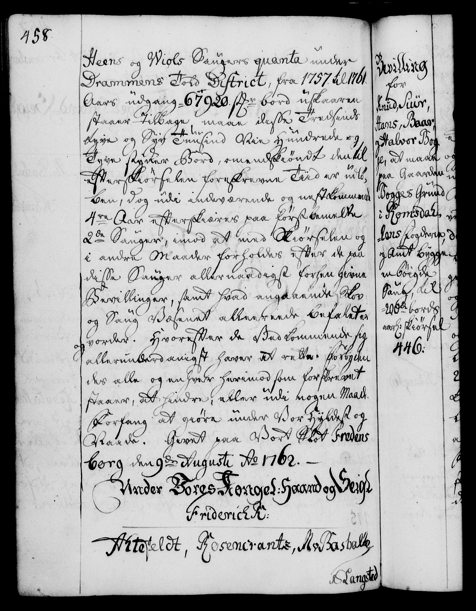 Rentekammeret, Kammerkanselliet, AV/RA-EA-3111/G/Gg/Gga/L0007: Norsk ekspedisjonsprotokoll med register (merket RK 53.7), 1759-1768, p. 458