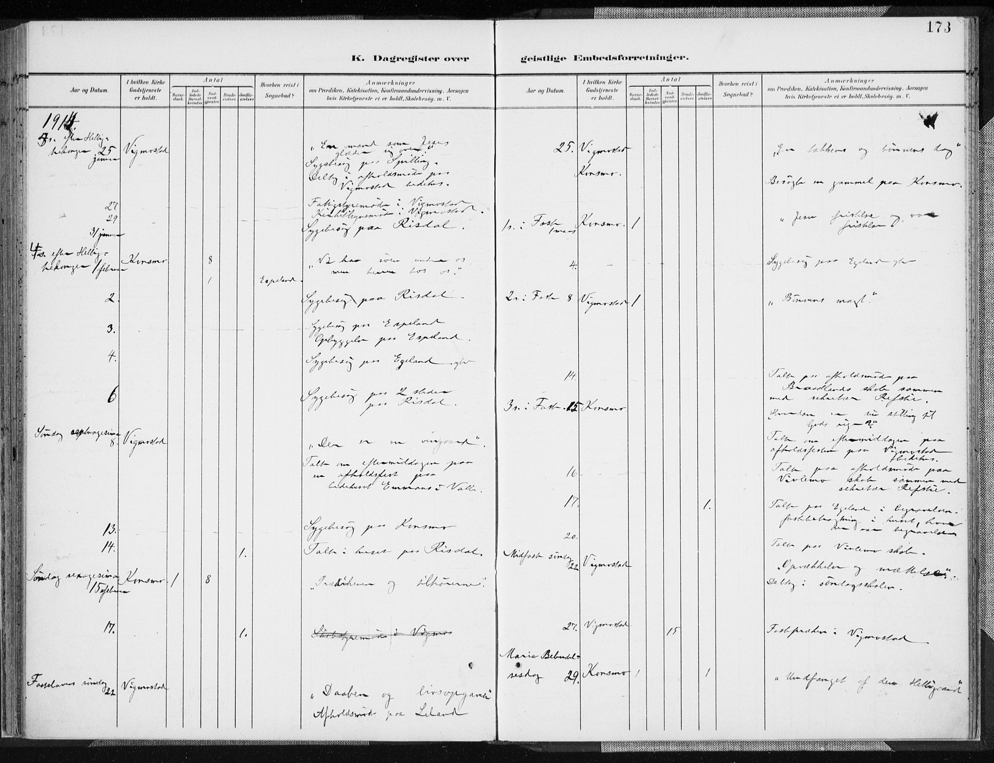 Nord-Audnedal sokneprestkontor, AV/SAK-1111-0032/F/Fa/Fab/L0004: Parish register (official) no. A 4, 1901-1917, p. 173