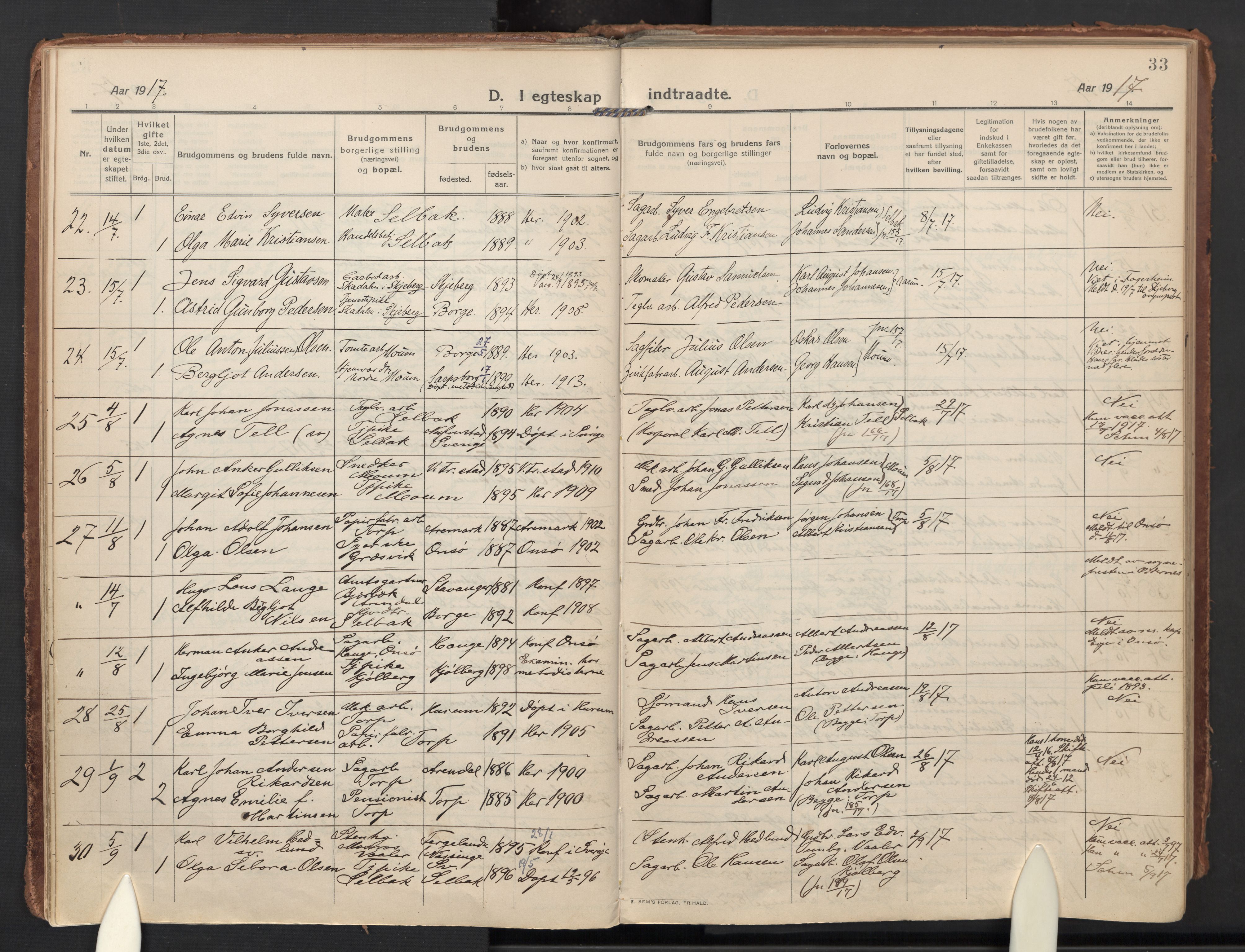 Borge prestekontor Kirkebøker, AV/SAO-A-10903/F/Fa/L0012: Parish register (official) no. I 12, 1912-1955, p. 33