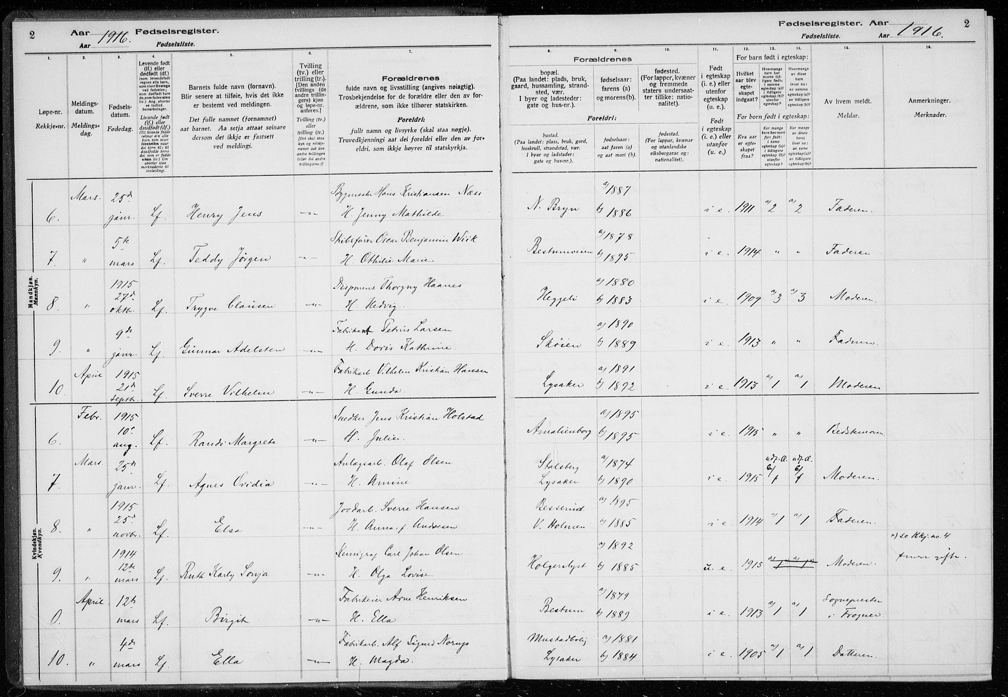 Ullern prestekontor Kirkebøker, AV/SAO-A-10740/J/L0001: Birth register no. 1, 1916-1928, p. 2