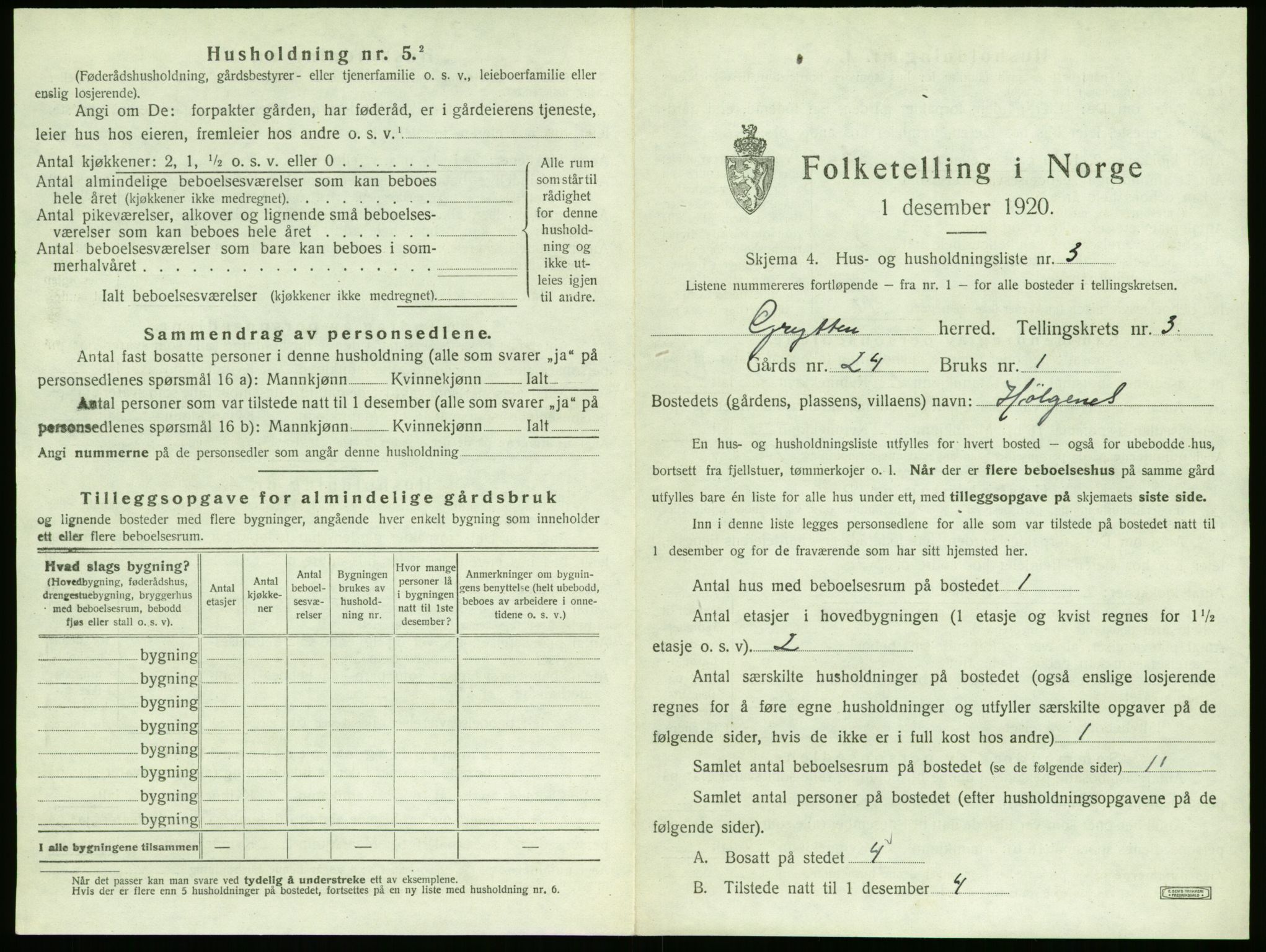 SAT, 1920 census for Grytten, 1920, p. 290