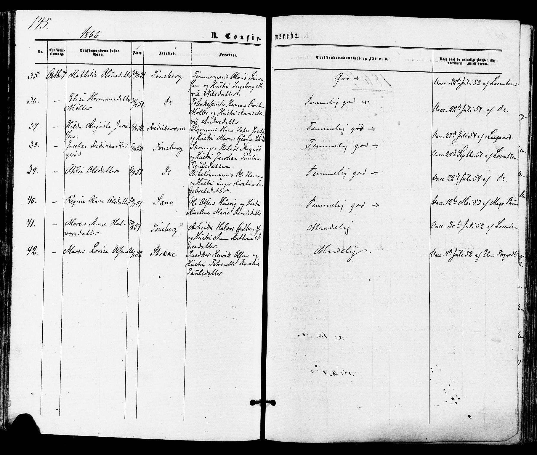 Tønsberg kirkebøker, SAKO/A-330/F/Fa/L0009: Parish register (official) no. I 9, 1865-1873, p. 145