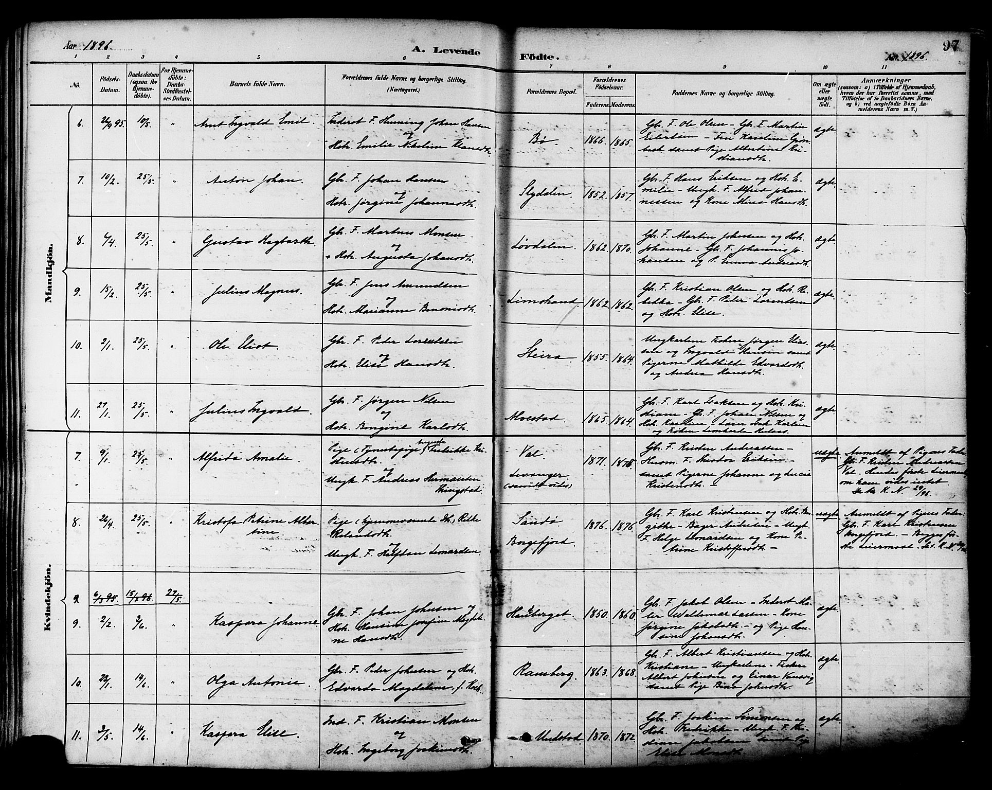 Ministerialprotokoller, klokkerbøker og fødselsregistre - Nordland, AV/SAT-A-1459/880/L1133: Parish register (official) no. 880A07, 1888-1898, p. 97