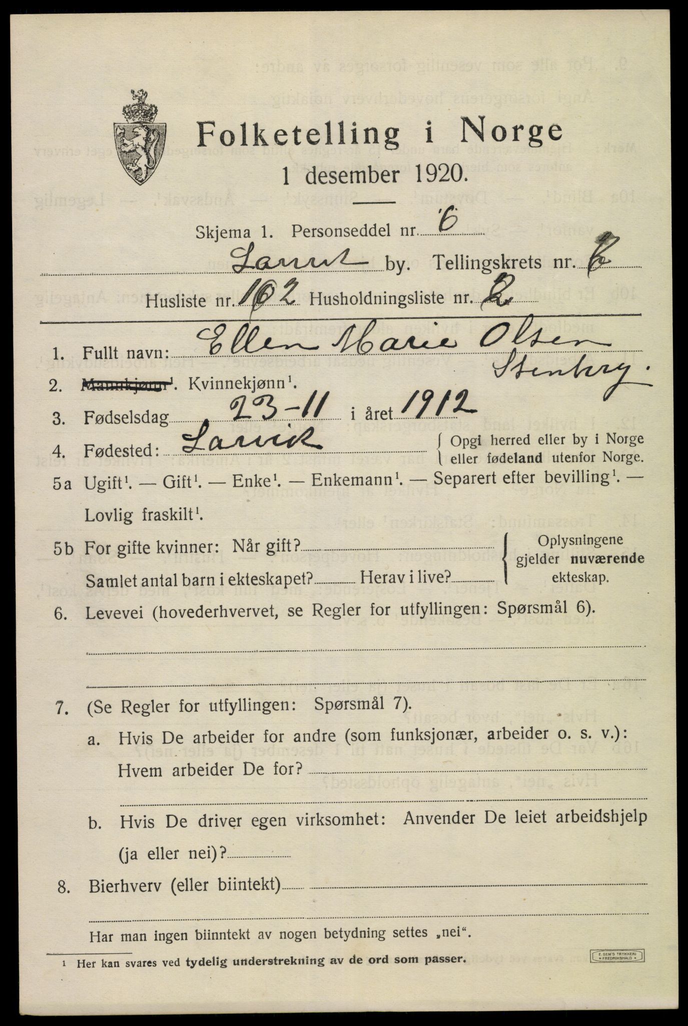 SAKO, 1920 census for Larvik, 1920, p. 11762