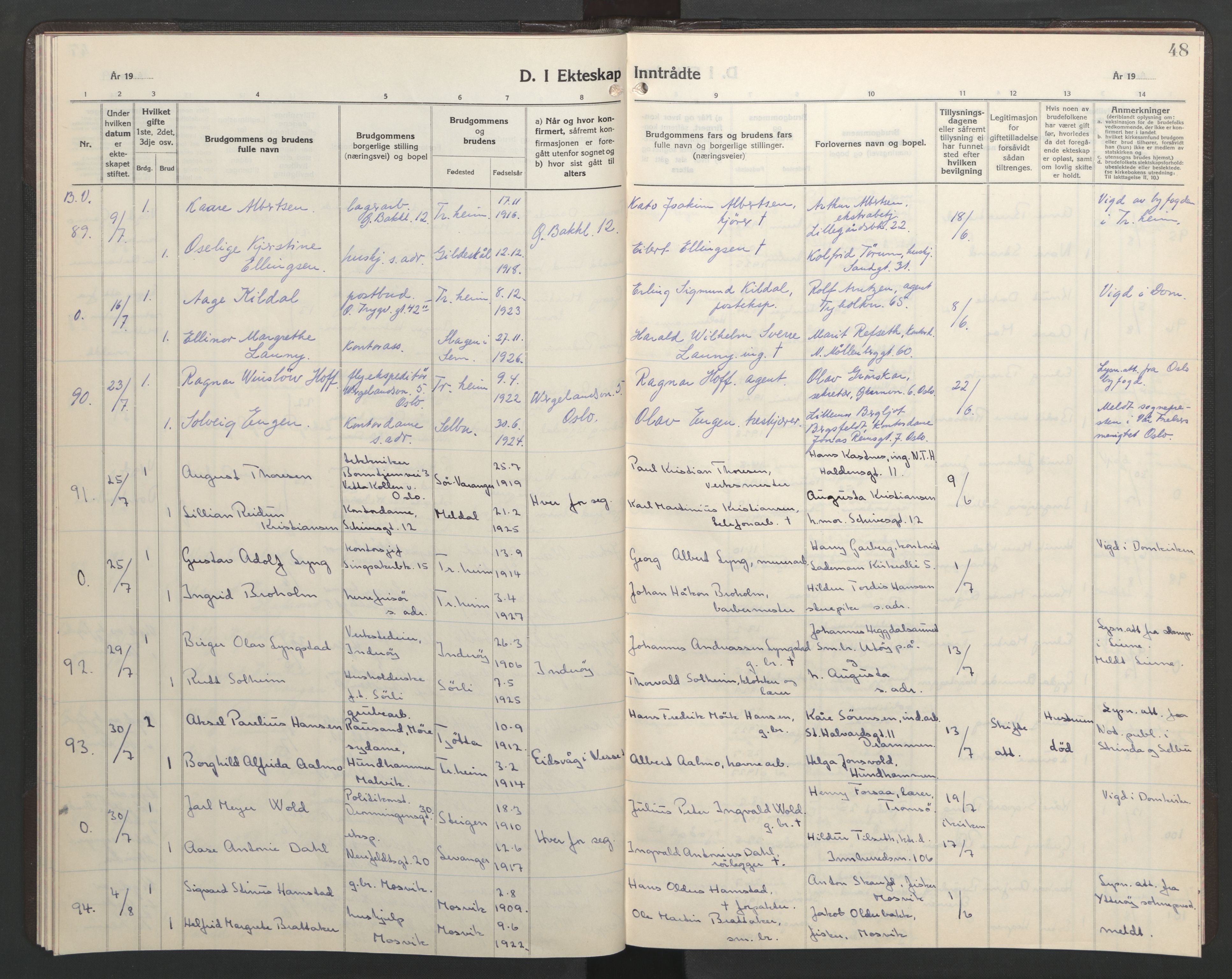 Ministerialprotokoller, klokkerbøker og fødselsregistre - Sør-Trøndelag, AV/SAT-A-1456/602/L0155: Parish register (copy) no. 602C23, 1947-1950, p. 48