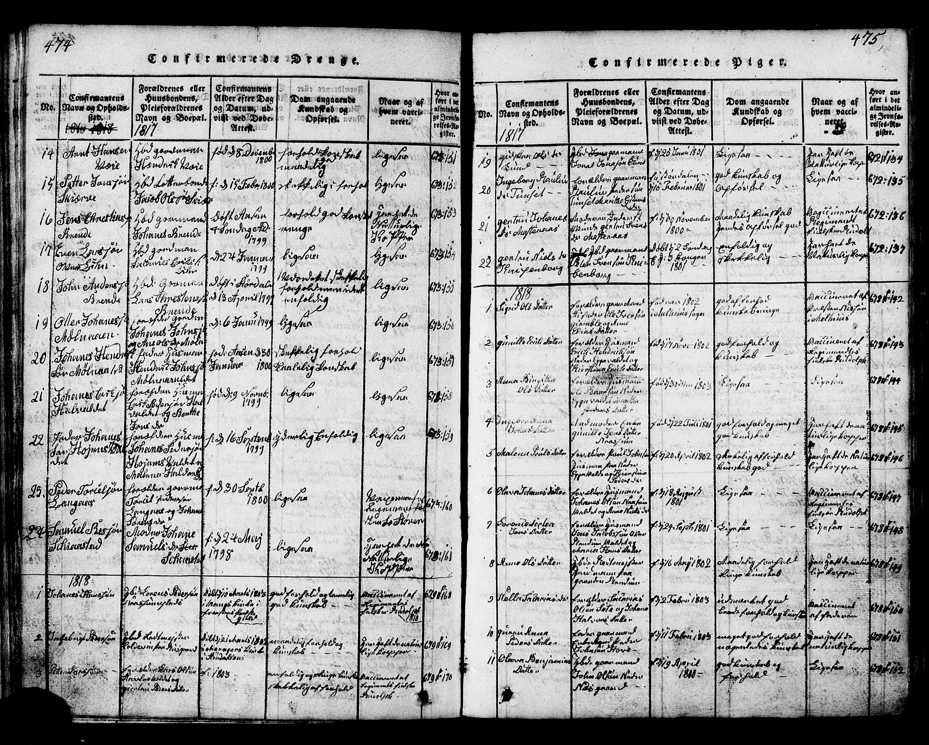 Ministerialprotokoller, klokkerbøker og fødselsregistre - Nord-Trøndelag, SAT/A-1458/717/L0169: Parish register (copy) no. 717C01, 1816-1834, p. 474-475