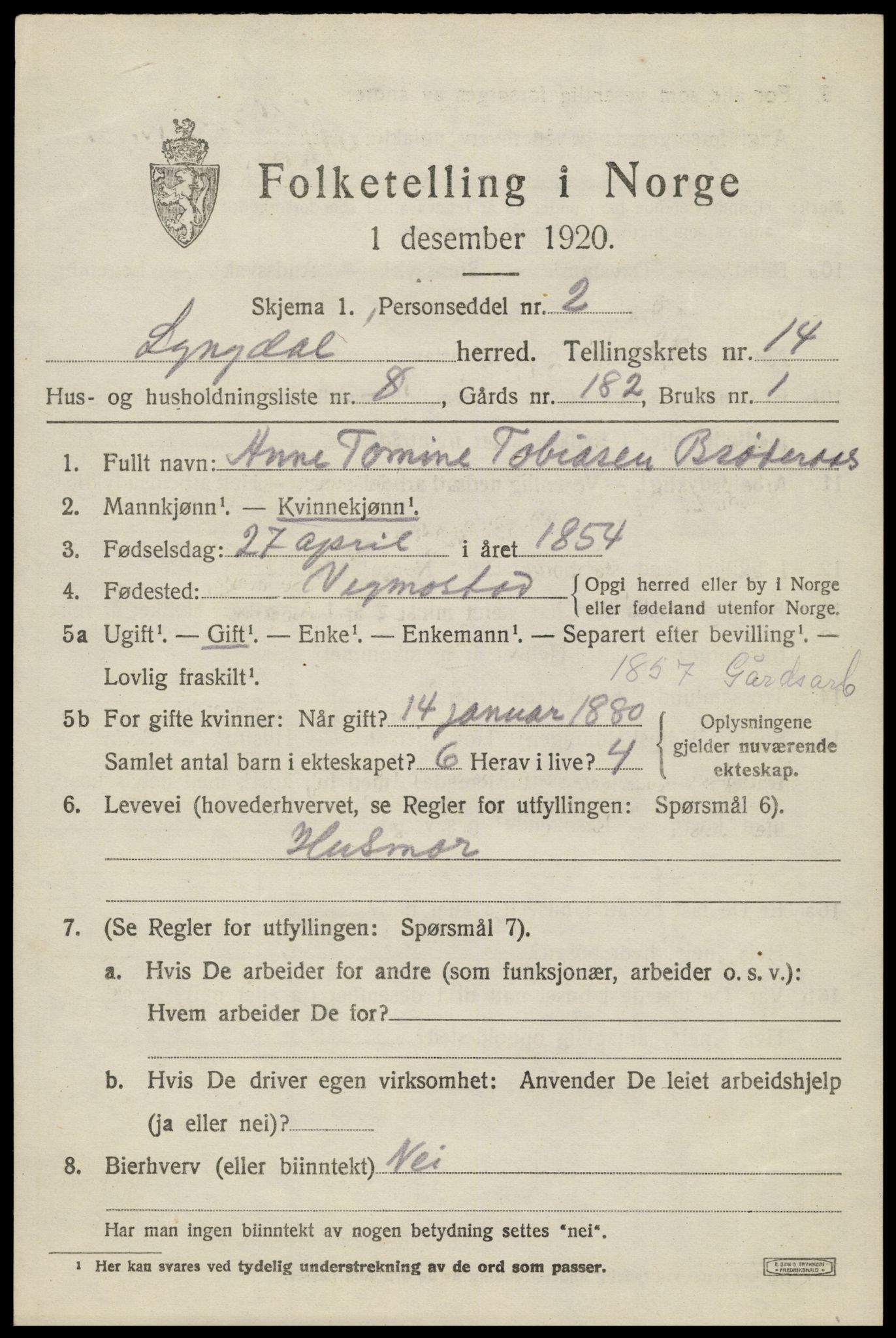 SAK, 1920 census for Lyngdal, 1920, p. 6051