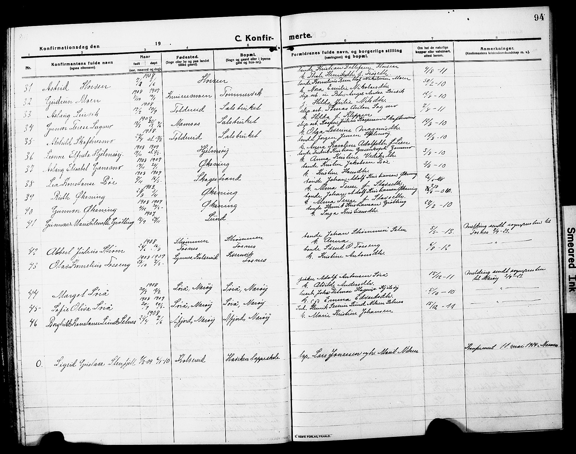 Ministerialprotokoller, klokkerbøker og fødselsregistre - Nord-Trøndelag, AV/SAT-A-1458/780/L0653: Parish register (copy) no. 780C05, 1911-1927, p. 94