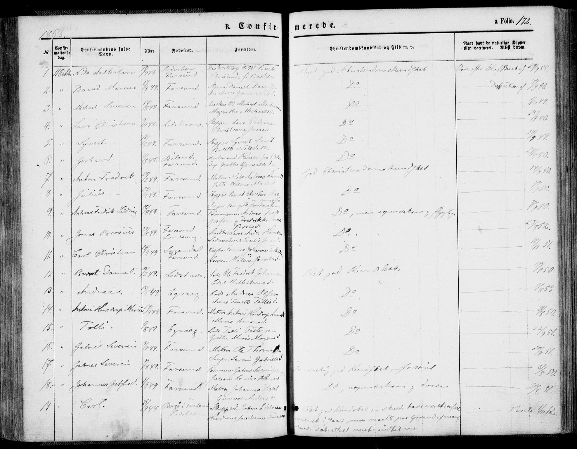 Farsund sokneprestkontor, AV/SAK-1111-0009/F/Fa/L0005: Parish register (official) no. A 5, 1863-1886, p. 172