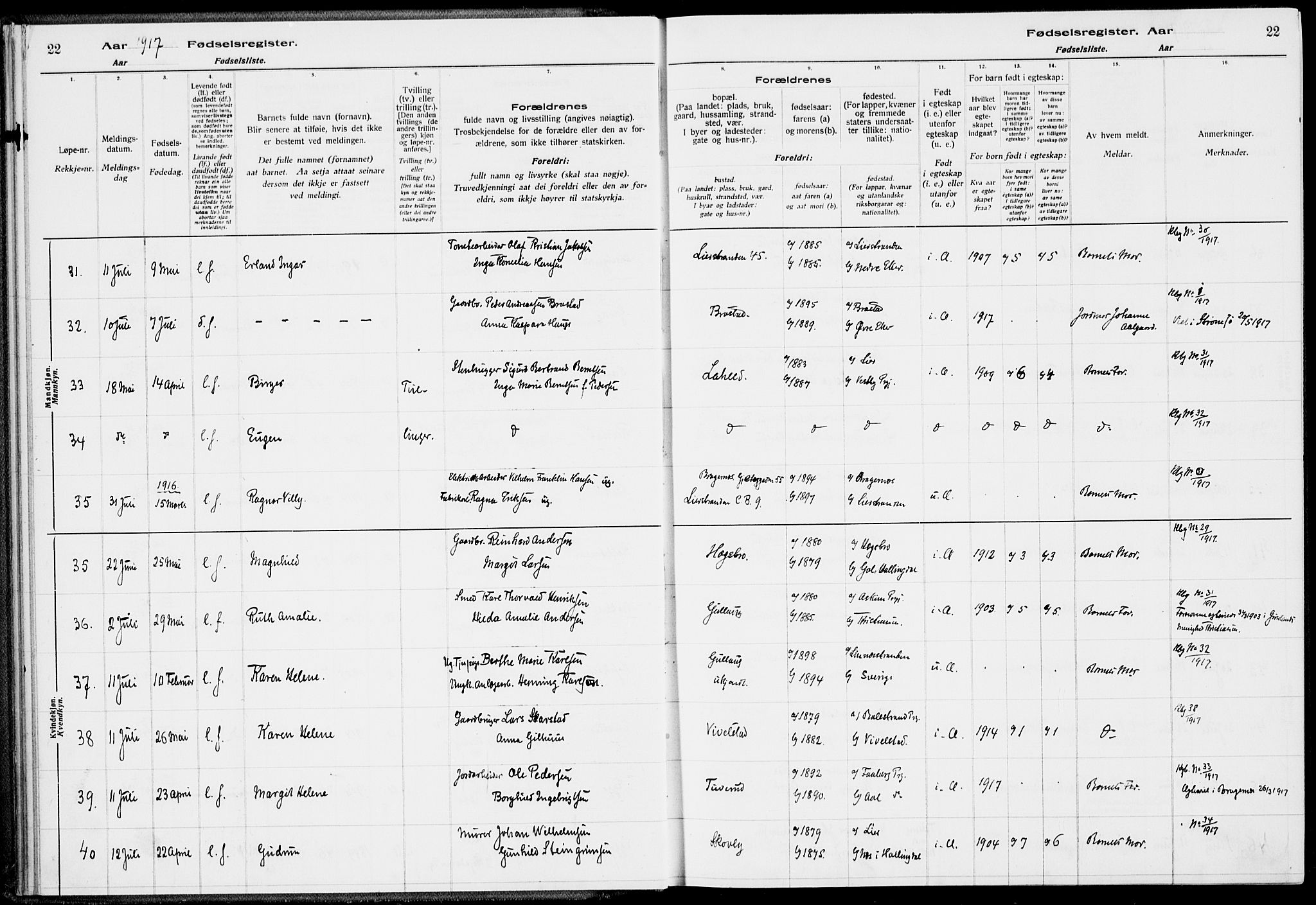 Lier kirkebøker, AV/SAKO-A-230/J/Ja/L0001: Birth register no. 1, 1916-1928, p. 22