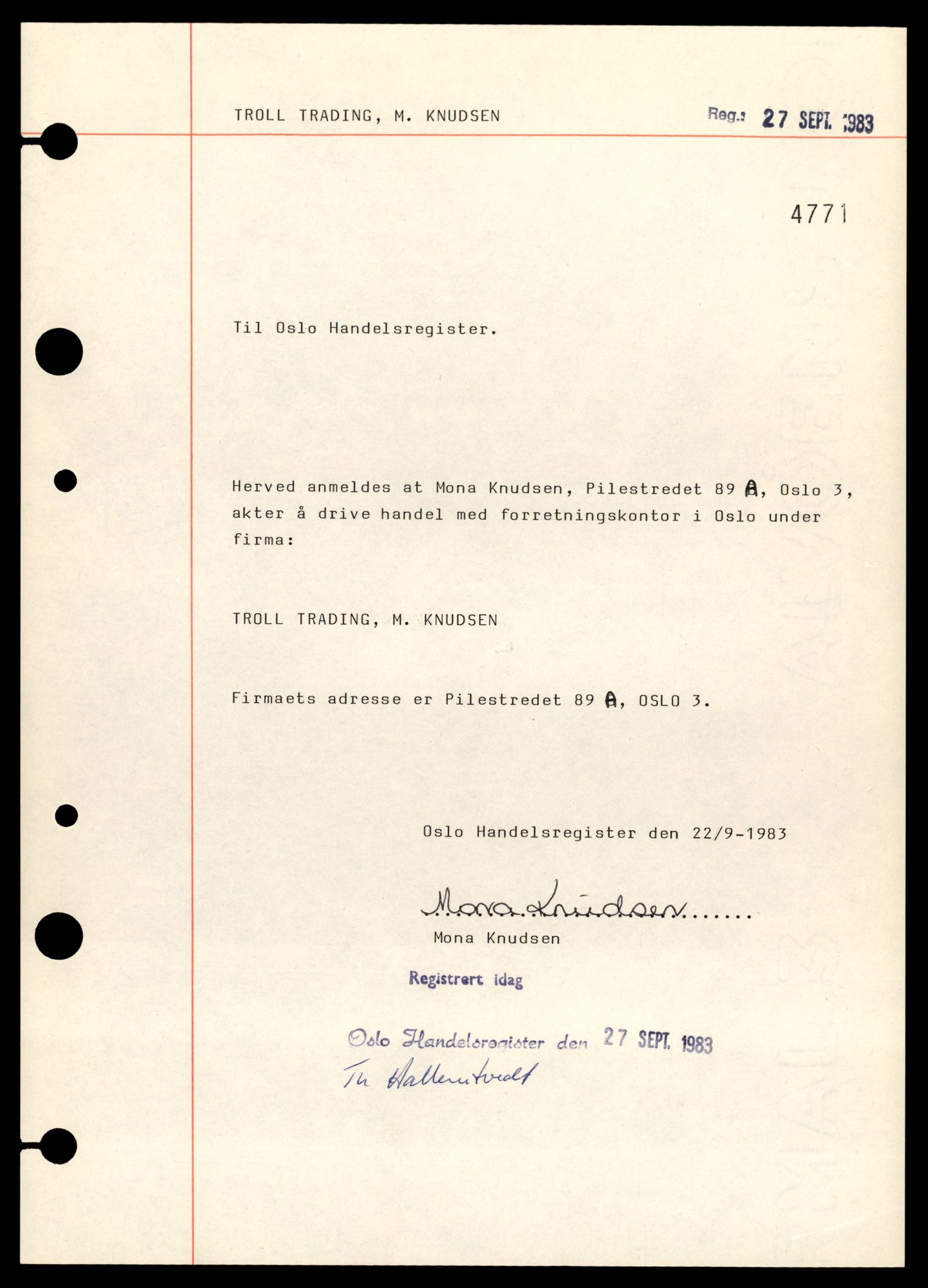 Oslo byfogd, Handelsregisteret, AV/SAT-A-10867/G/Gb/Gbb/L0081: Registreringsmeldinger, Tro-Ø, 1985, p. 3