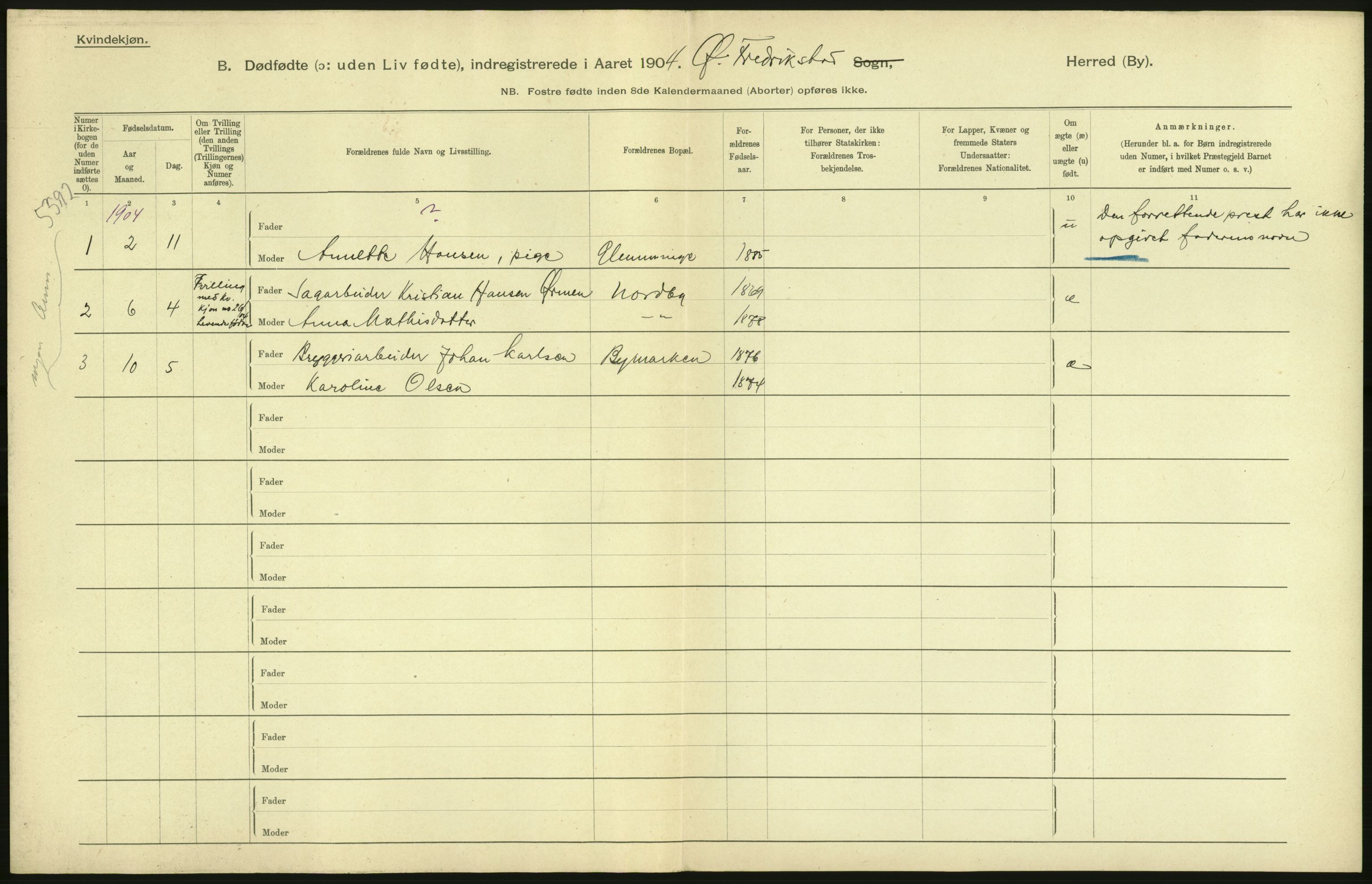 Statistisk sentralbyrå, Sosiodemografiske emner, Befolkning, RA/S-2228/D/Df/Dfa/Dfab/L0027: Smålenes amt - Finnmarkens amt: Dødfødte. Byer, 1904, p. 22