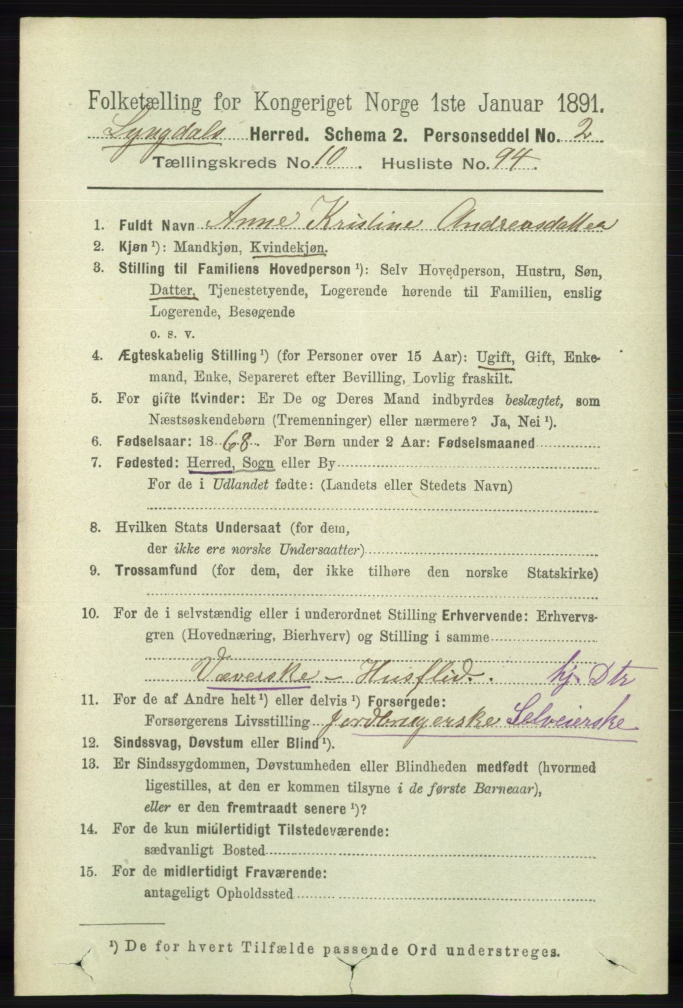 RA, 1891 census for 1032 Lyngdal, 1891, p. 4724