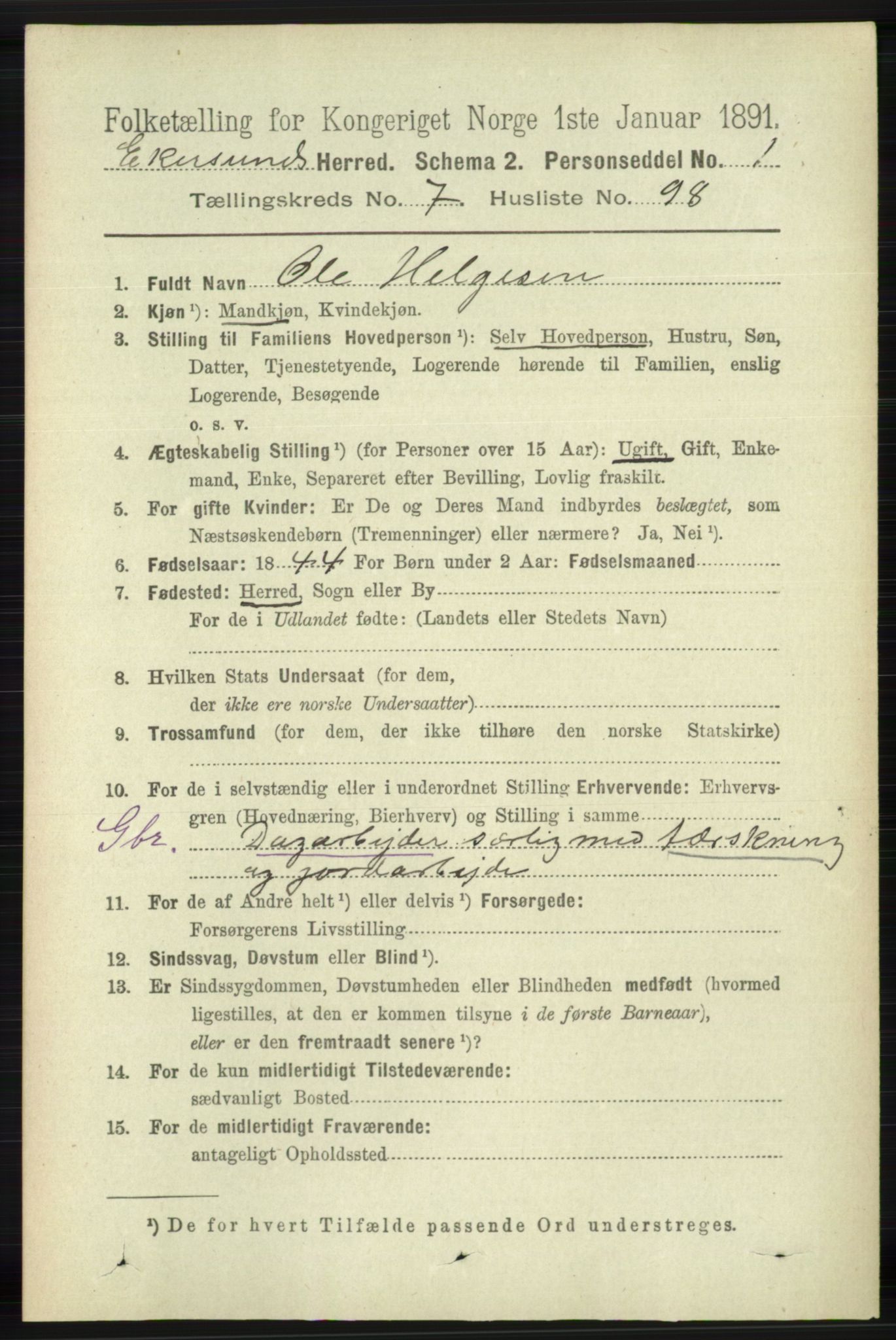 RA, 1891 census for 1116 Eigersund herred, 1891, p. 3396