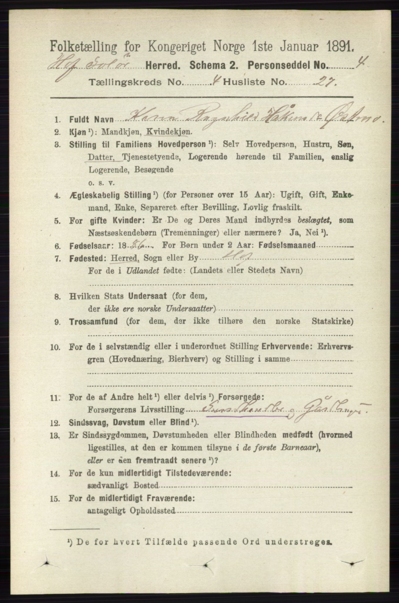 RA, 1891 census for 0424 Hof, 1891, p. 1613