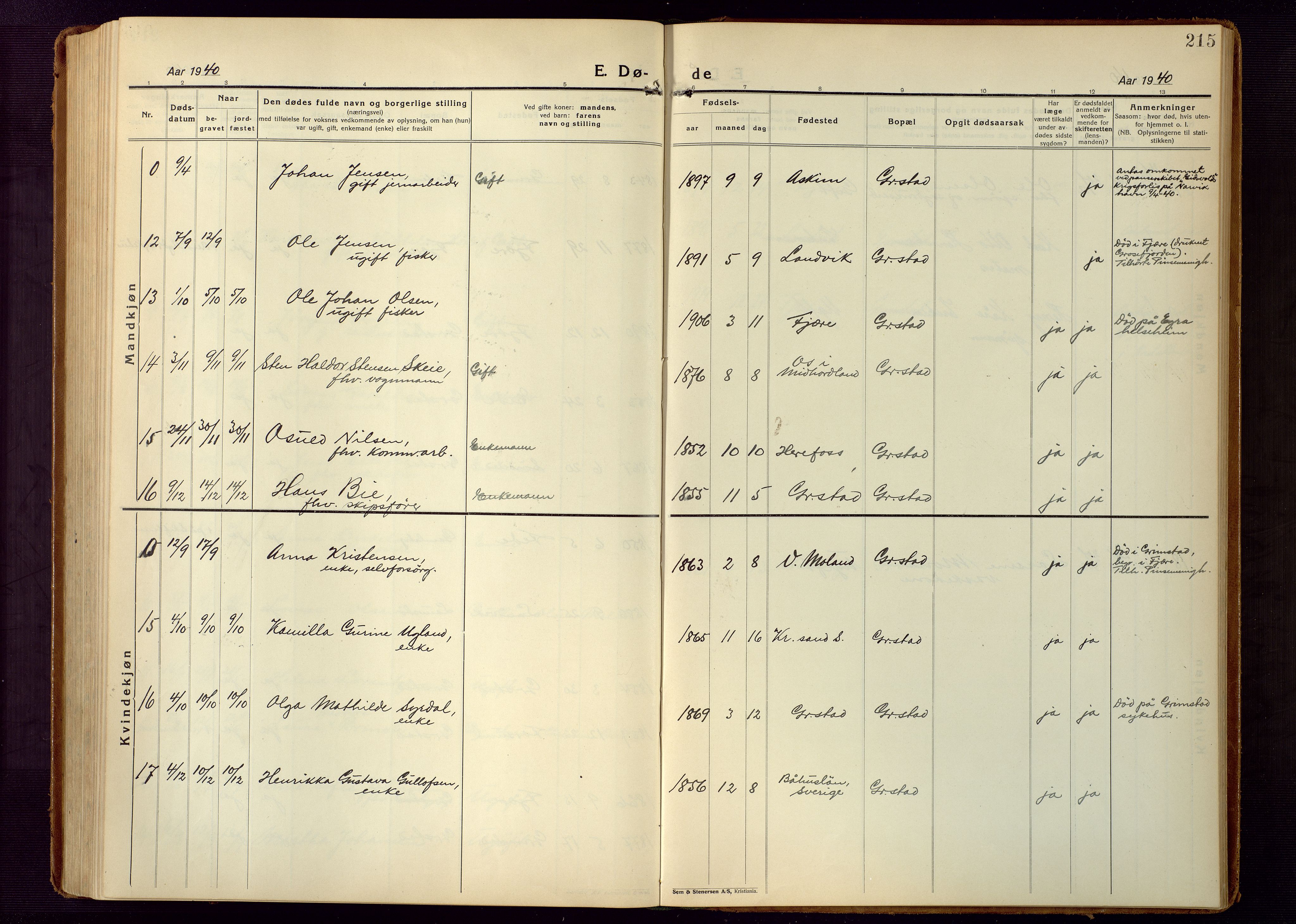 Grimstad sokneprestkontor, AV/SAK-1111-0017/F/Fb/L0002: Parish register (copy) no. B 2, 1923-1949, p. 215