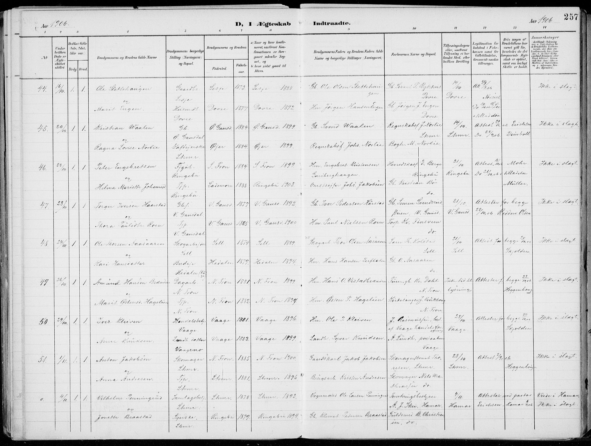 Lillehammer prestekontor, AV/SAH-PREST-088/H/Ha/Haa/L0001: Parish register (official) no. 1, 1901-1916, p. 257