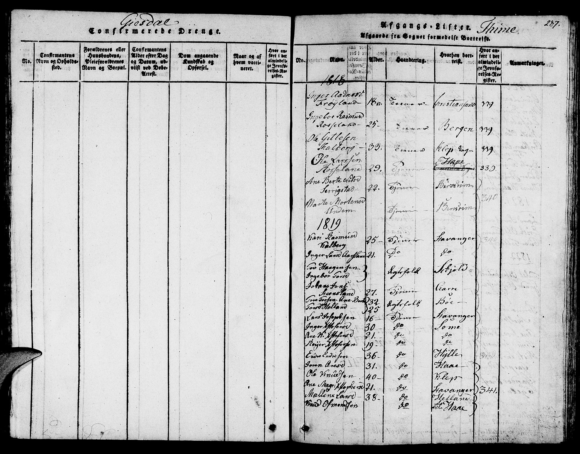 Lye sokneprestkontor, SAST/A-101794/001/30BB/L0001: Parish register (copy) no. B 1 /1, 1816-1826, p. 287