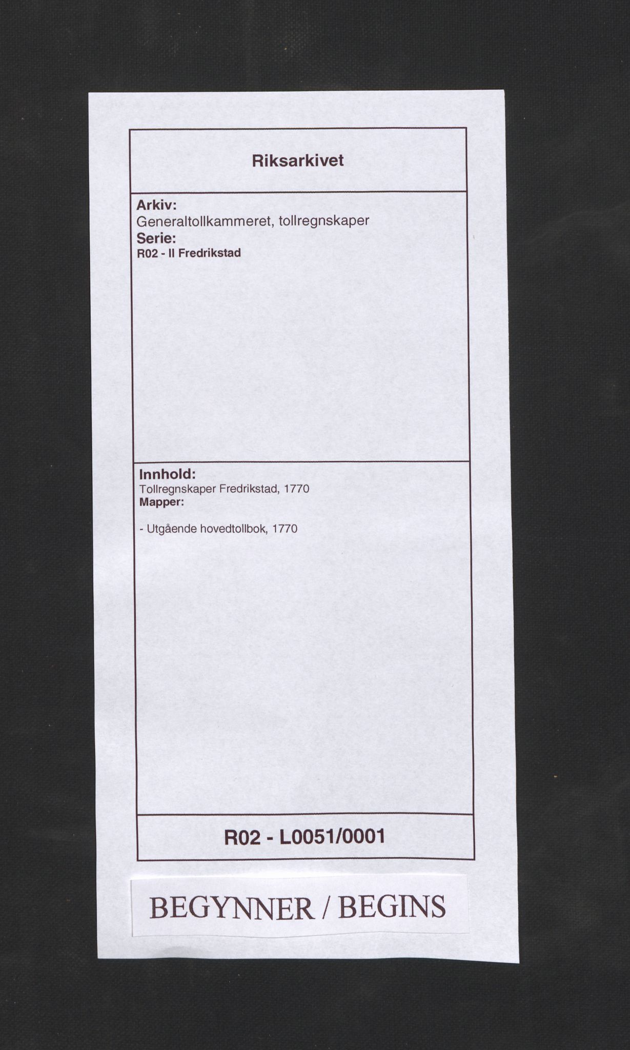 Generaltollkammeret, tollregnskaper, RA/EA-5490/R02/L0051/0001: Tollregnskaper Fredrikstad / Utgående hovedtollbok, 1770