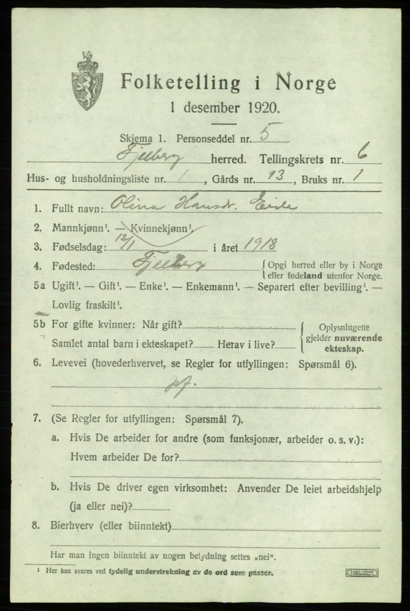 SAB, 1920 census for Fjelberg, 1920, p. 2189