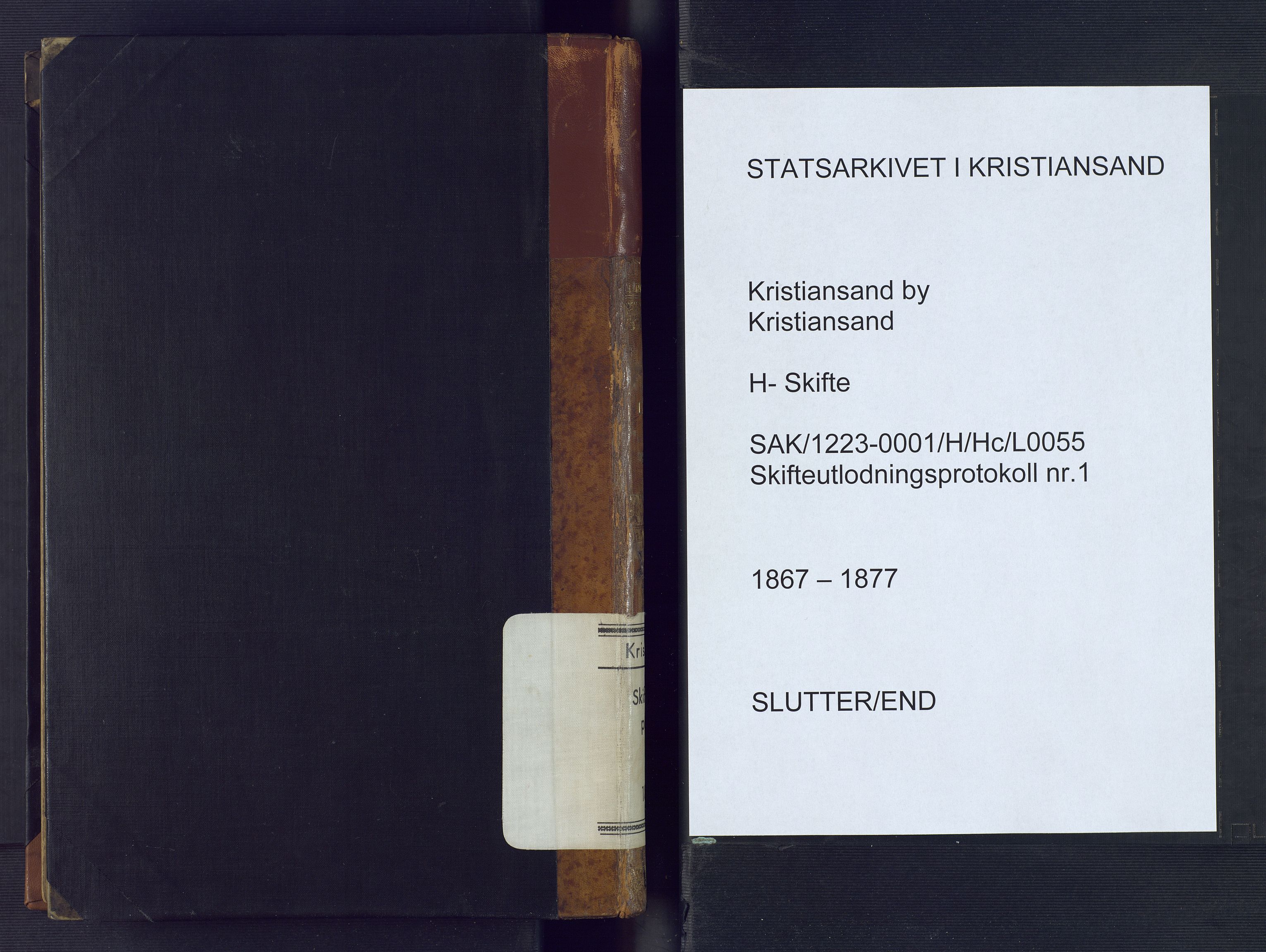 Kristiansand byrett, SAK/1223-0001/H/Hc/L0055: Skifteutlodningsprotokoll nr. 1, med register, 1867-1877