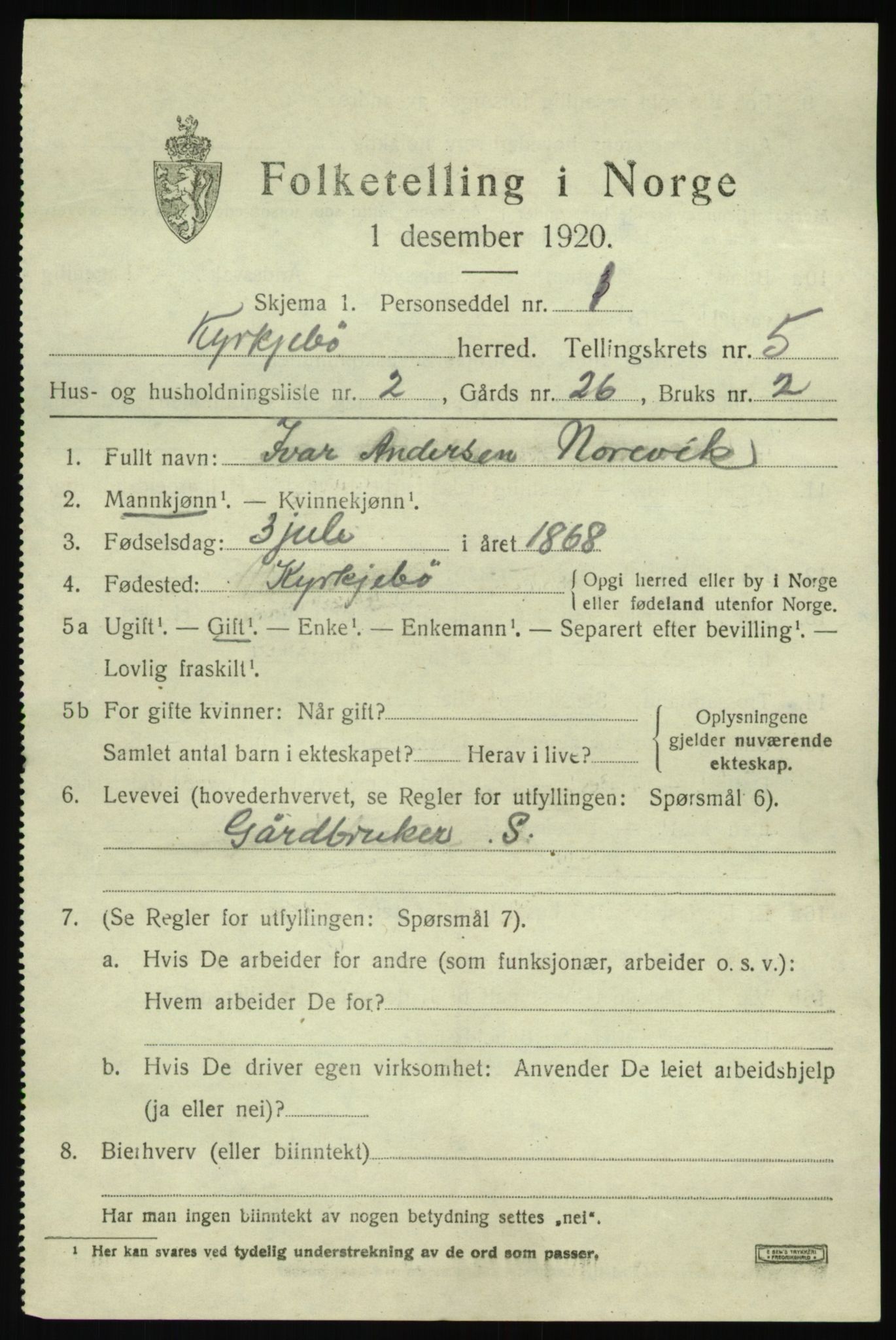 SAB, 1920 census for Kyrkjebø, 1920, p. 1789