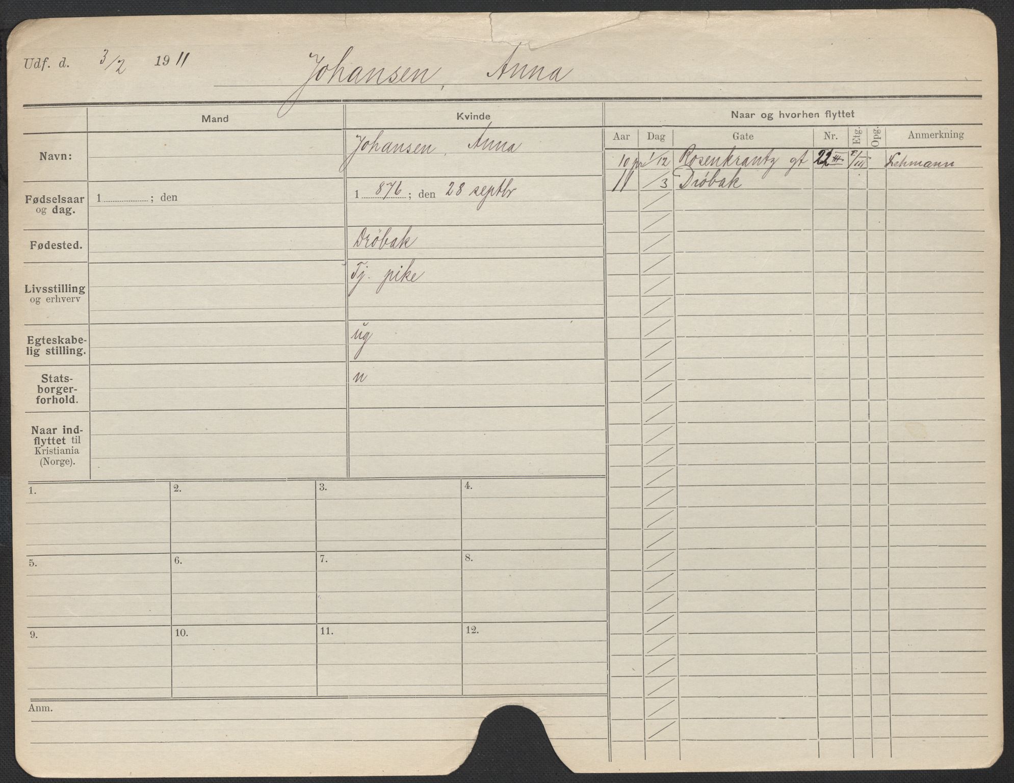 Oslo folkeregister, Registerkort, AV/SAO-A-11715/F/Fa/Fac/L0017: Kvinner, 1906-1914, p. 607a