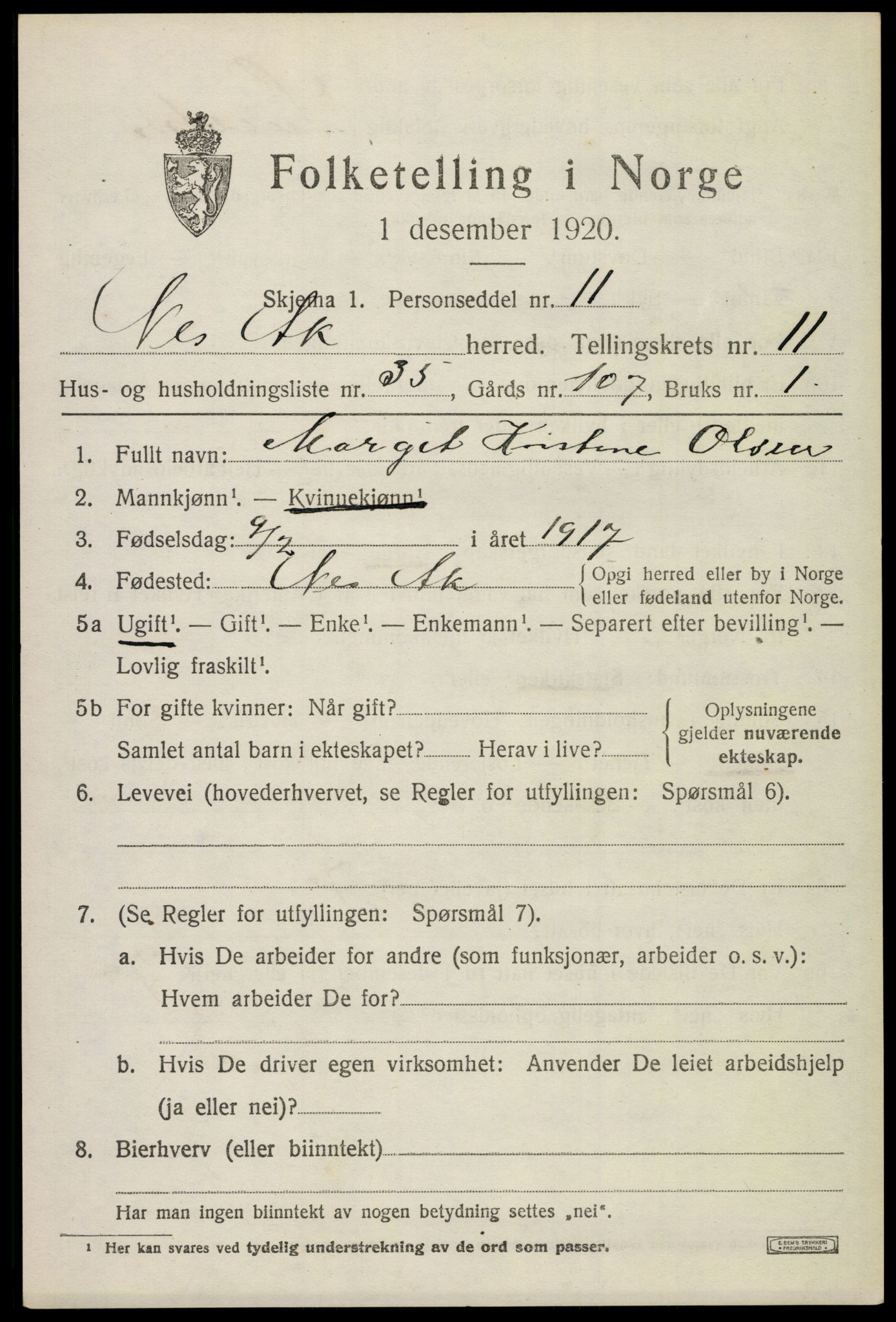 SAO, 1920 census for Nes, 1920, p. 11840