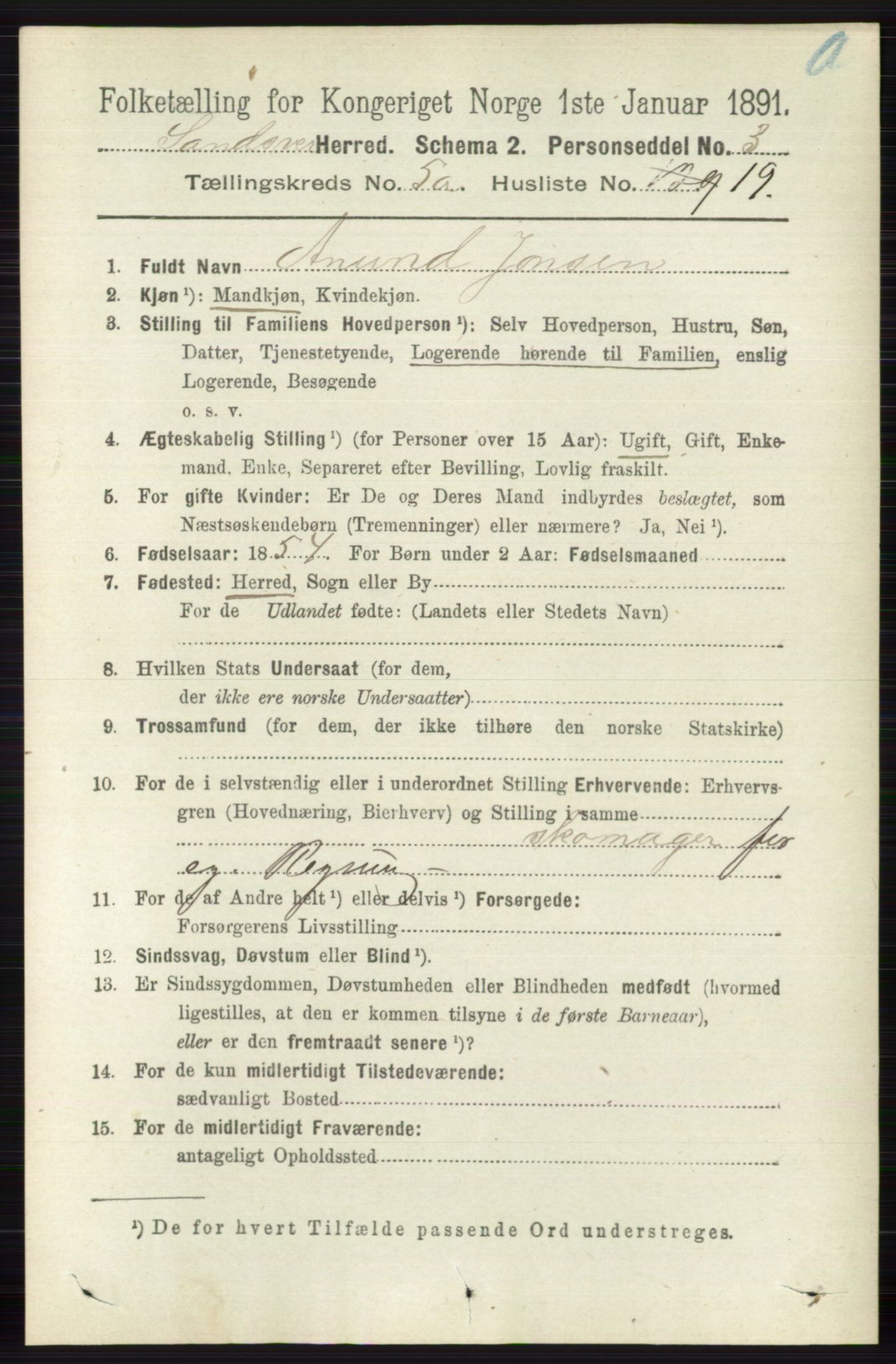 RA, 1891 census for 0629 Sandsvær, 1891, p. 2594