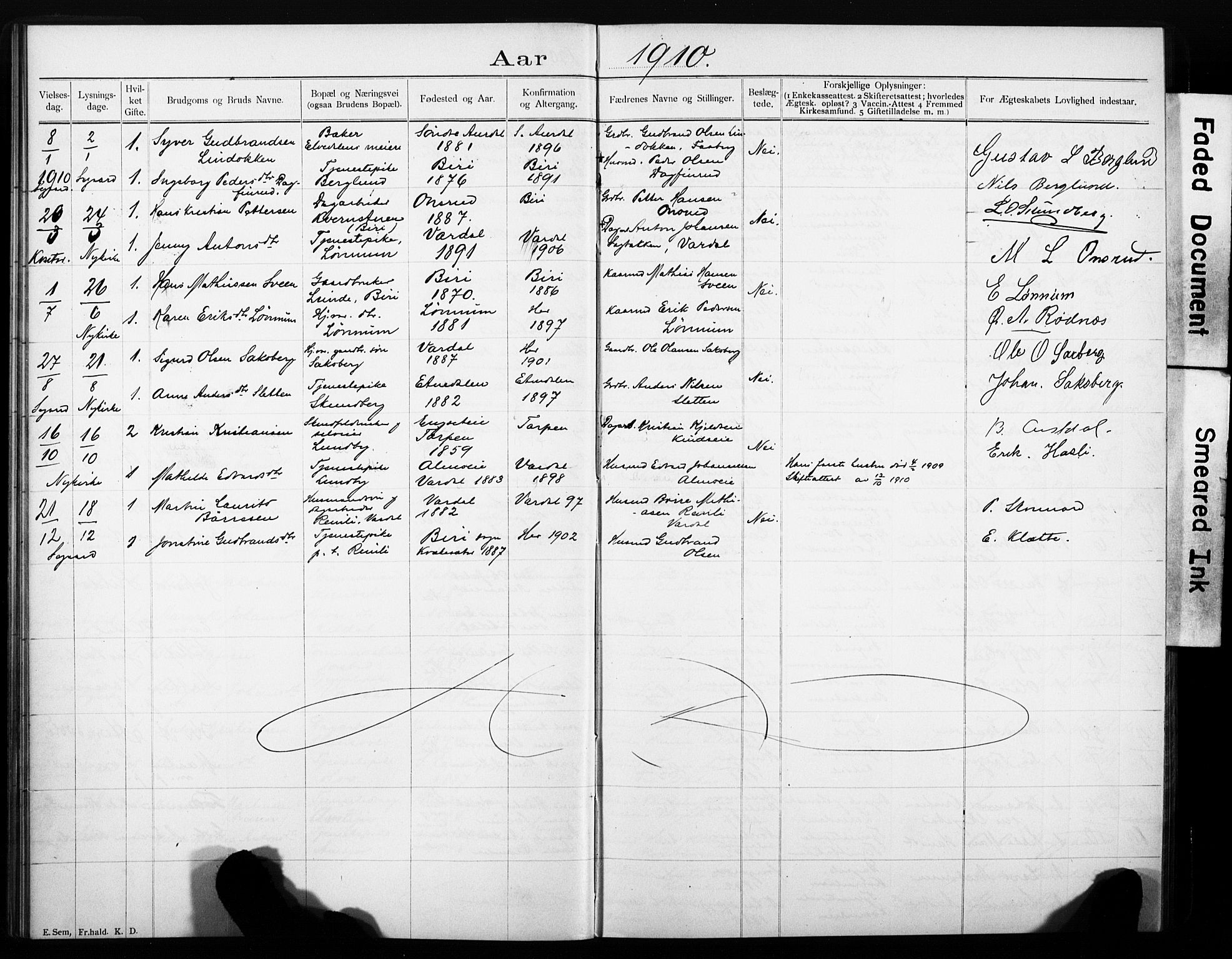 Biri prestekontor, SAH/PREST-096/I/Ie: Banns register no. 1, 1900-1918