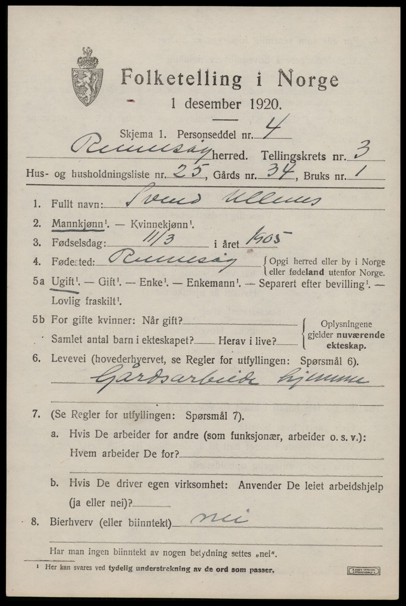 SAST, 1920 census for Rennesøy, 1920, p. 2248