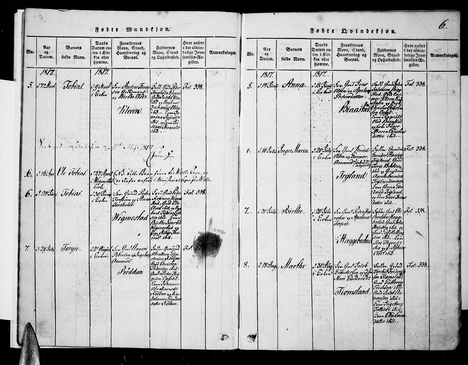 Nord-Audnedal sokneprestkontor, SAK/1111-0032/F/Fa/Fab/L0001: Parish register (official) no. A 1, 1816-1858, p. 6