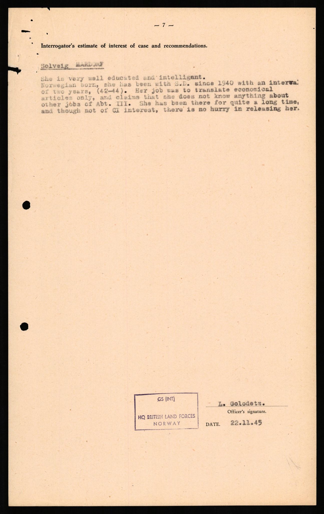 Forsvaret, Forsvarets overkommando II, RA/RAFA-3915/D/Db/L0021: CI Questionaires. Tyske okkupasjonsstyrker i Norge. Tyskere., 1945-1946, p. 145