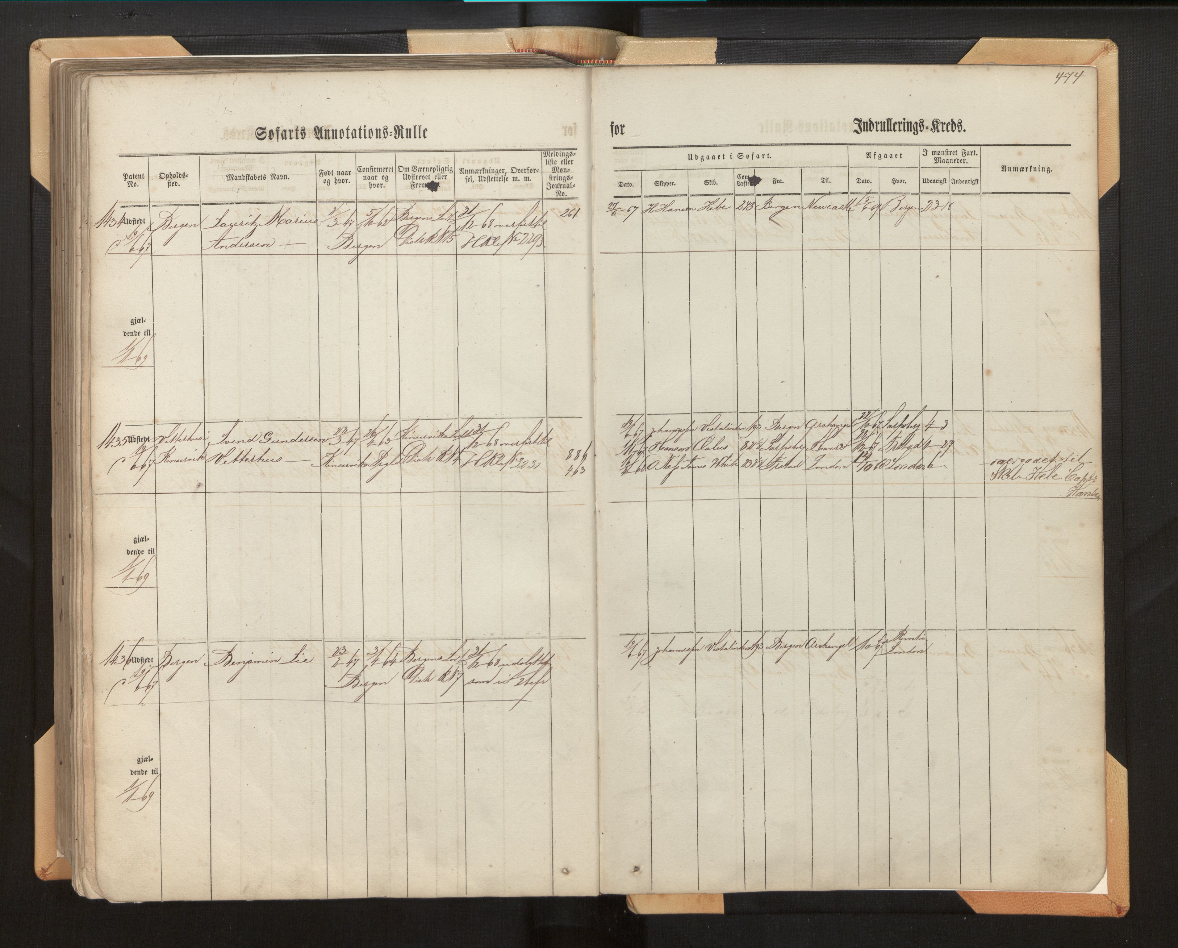 Innrulleringssjefen i Bergen, SAB/A-100050/F/Fh/L0006: Sjøfarts- og annotasjonsrulle for Bergen krets, fol. 239 - ut, 1860-1867, p. 474